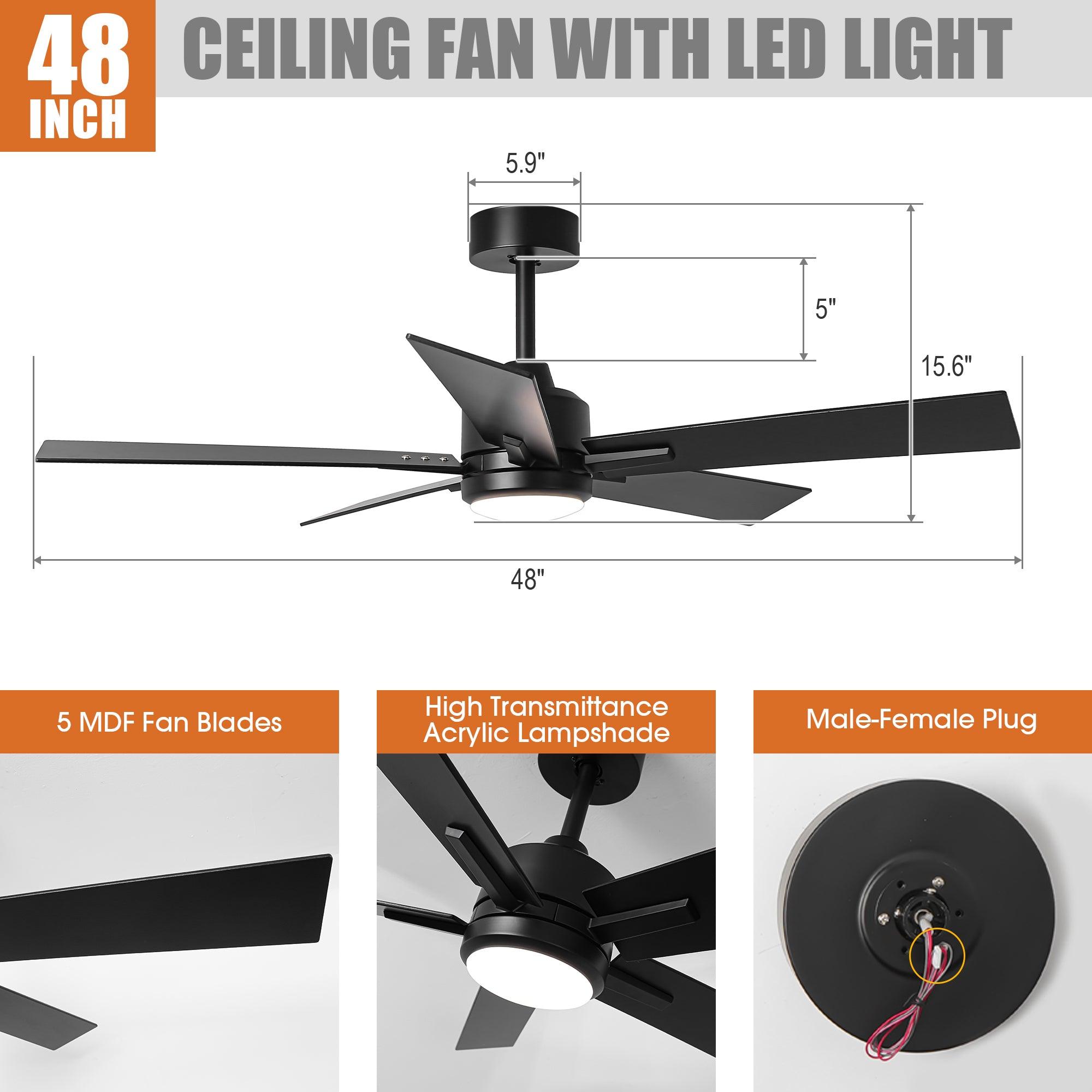 48 DC Motor 5-Blade Modern Ceiling Fan with Downrod Mount - Perfect for Living Room, Bedroom, and Office Cooling
