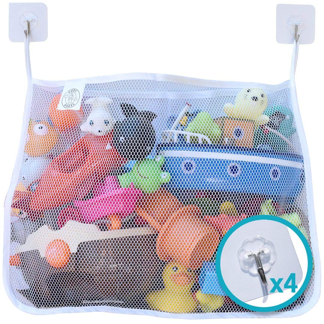 Large Waterproof Baby Bath Toy Organizer Net with 4 Self-Adhesive Hooks - White Bathroom Storage Bag for Kids' Bath Toys | Perfect for Shower Organization & Baby Bath Time Accessories
