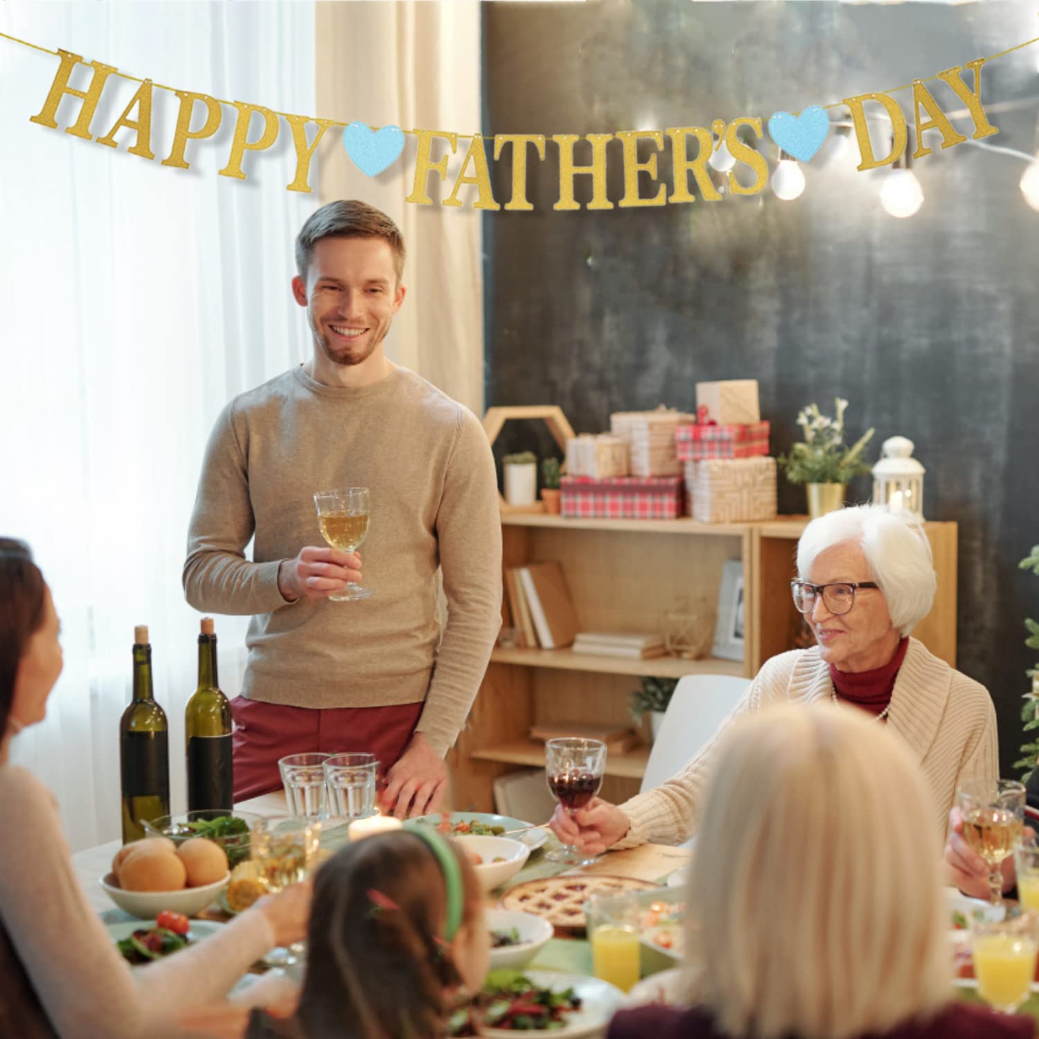 Happy Father's Day Glitter Gold Banner with Blue Hearts - Premium Bunting for Dad's Party Decorations, Father's Day Backdrop & Garland - Perfect for Home, Office & Outdoor Celebrations