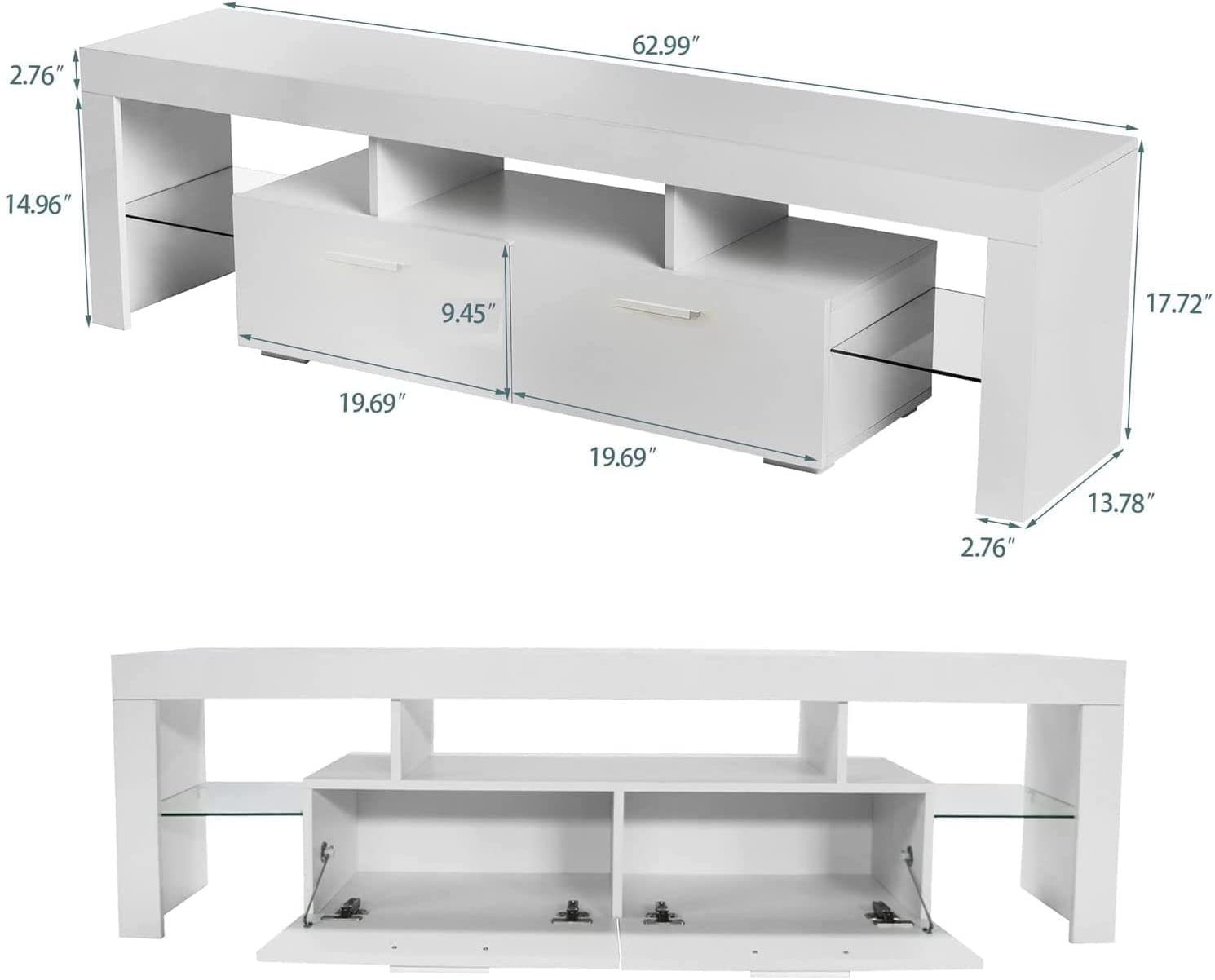Modern TV Stand for 65 Inch TVs - Quick Assembly White LED Entertainment Center with 2 Drawers, Sturdy Living Room TV Console Table | Perfect for Home Theater Setup & Living Room Organization