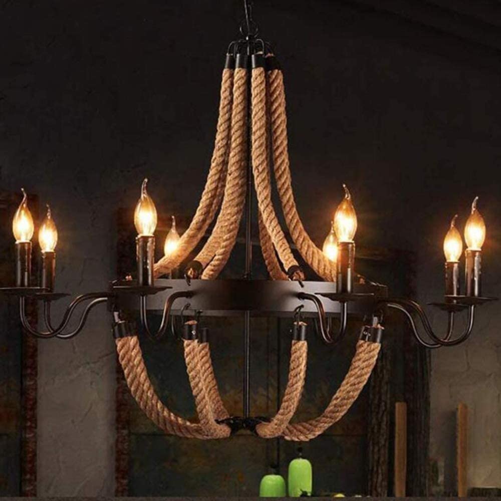 Vintage Industrial Pendant Lamp - Adjustable Black Metal Hemp Rope Ceiling Light with E14 Socket (8 Lights) - Perfect for Bedroom, Dining Room, Kitchen & Living Room Decor | Retro Home Lighting for Farmhouse, Loft & Industrial Style Interiors