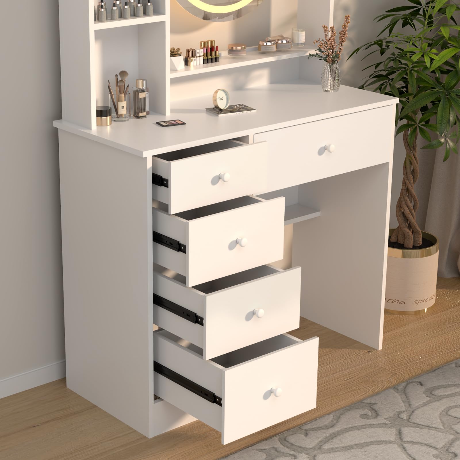 AIMEZO Small Makeup Vanity Desk with Mirror & LED Lights - Adjustable 3 Light Modes & Brightness - Vanity Table Set with Storage Drawer, Chair & 4 Shelves - Perfect for Bedroom, Dressing Room & Home Beauty Station - White
