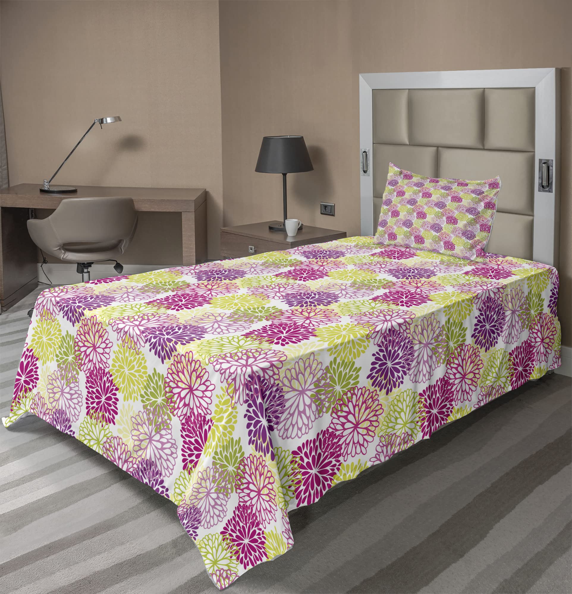 Ambesonne Floral Vintage Bed Sheet Set - 3 Piece Twin Size with Fitted Sheet, Flat Sheet & Pillowcase - Romantic Abstract Floral Design in Magenta Violet Green - Perfect for Guest Rooms, Dormitories & Cozy Bedroom Decor