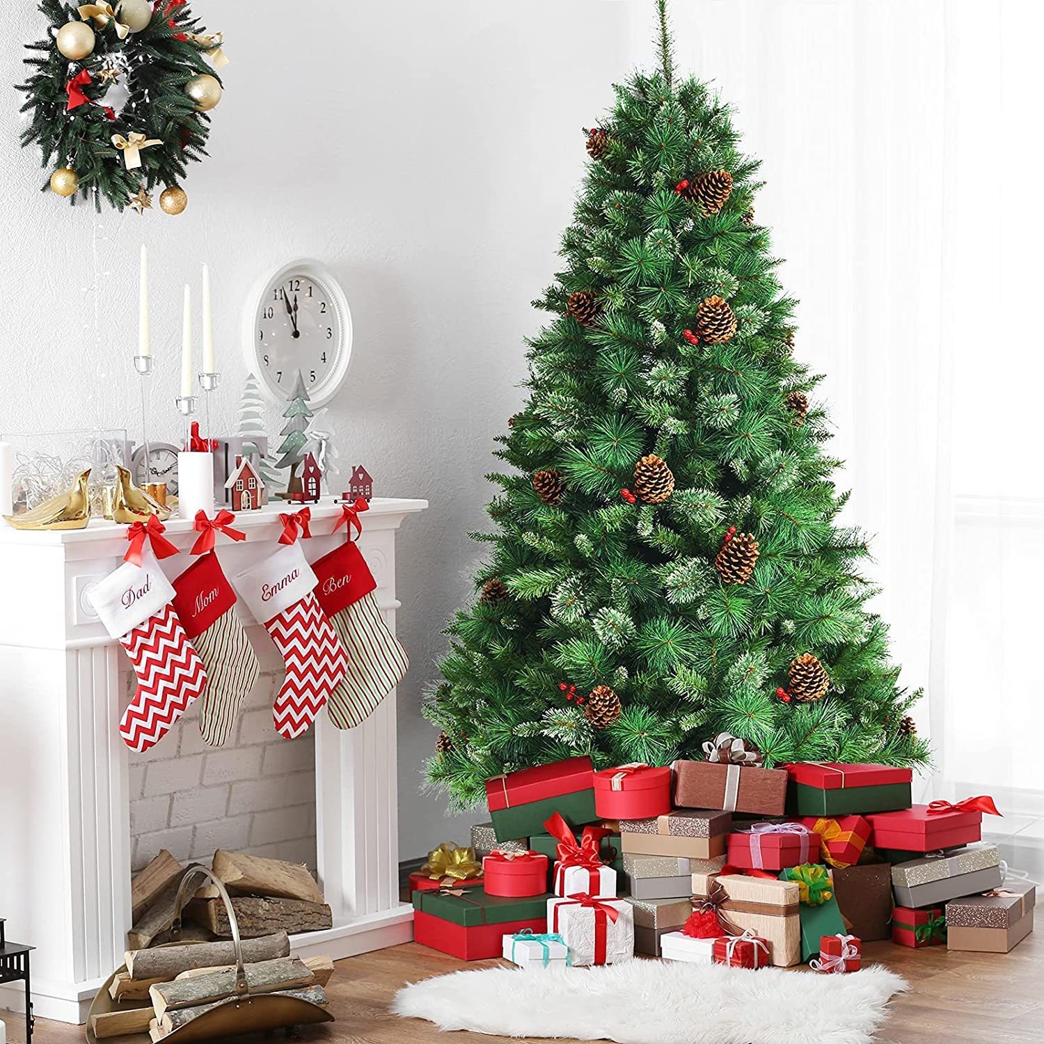 CHEFJOY 7ft Artificial Christmas Tree with Realistic PVC Pine Needles, Red Berries & Pine Cones - Pre-Lit Hinged Xmas Tree with Metal Stand for Easy Assembly | Perfect for Living Room, Office & Holiday Decorations