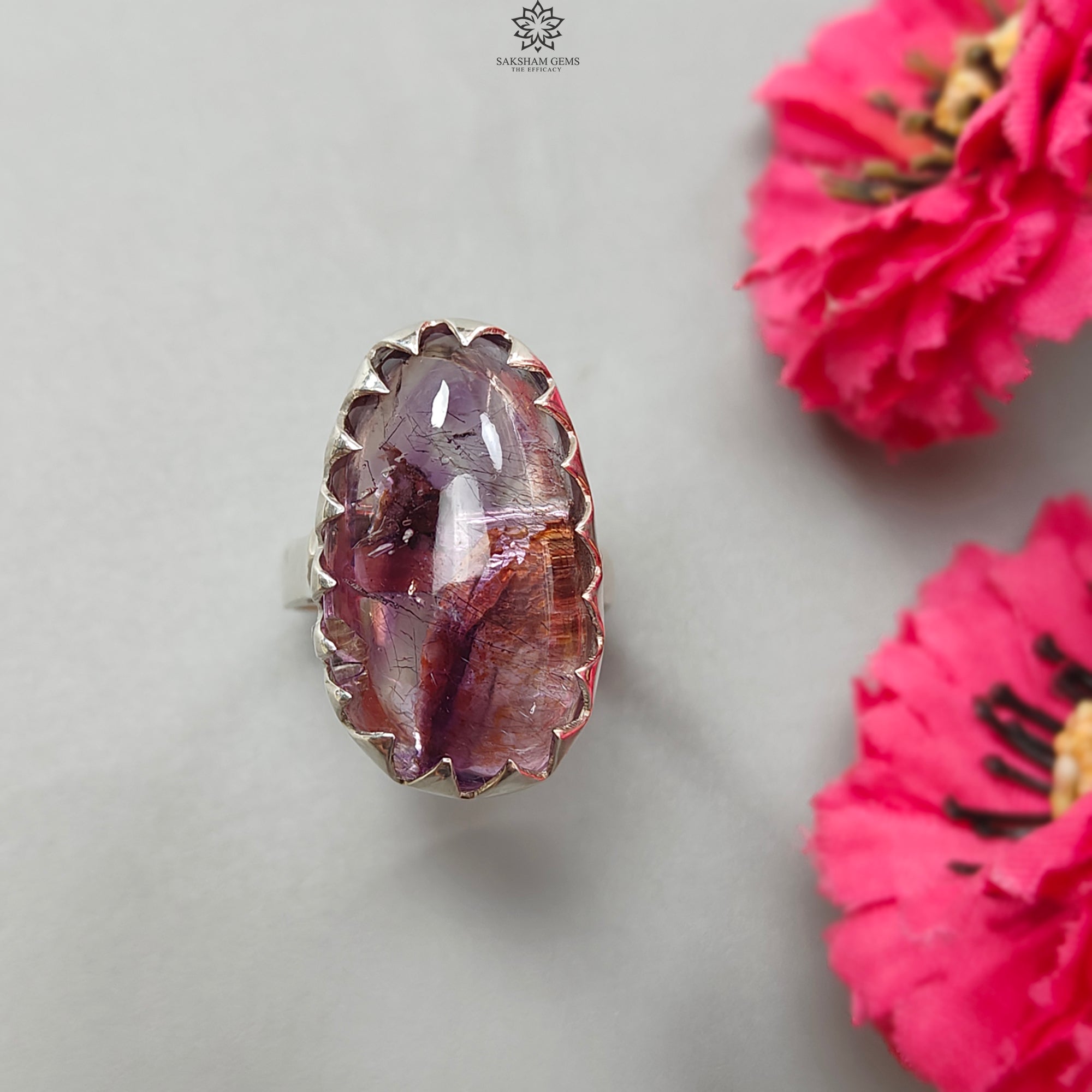 Natural Untreated Super Seven Amethyst 925 Sterling Silver Adjustable Ring for Women | Oval Bezel Set Healing Crystal Jewelry | Gift for Birthday, Anniversary & Spiritual Protection