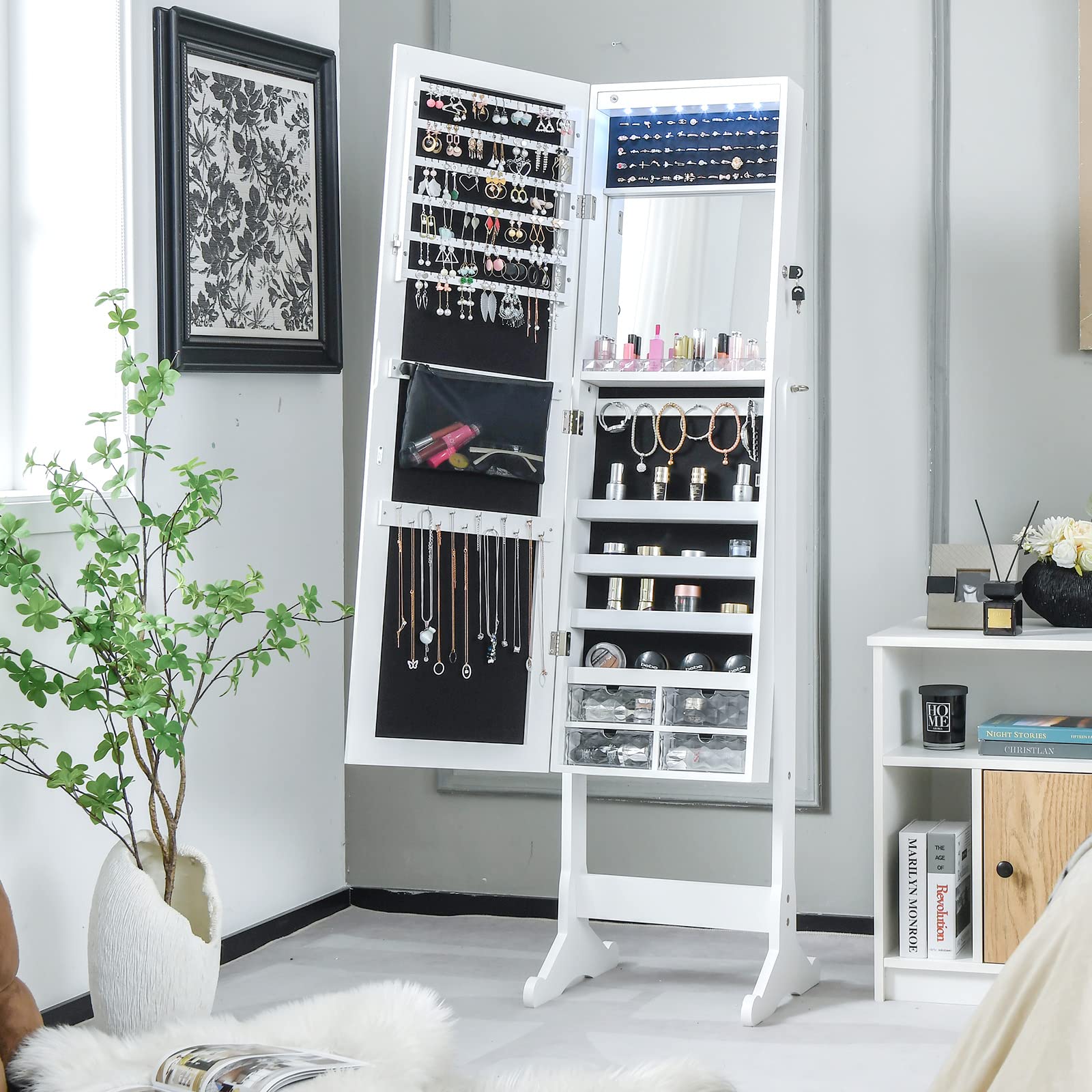Charmaid Jewelry Armoire Cabinet with Full-Length Mirror & 6 LED Lights - Lockable Standing Jewelry Organizer with Vanity Makeup Mirror, 4 Storage Drawers, 4 Shelves & Lipstick Tray - Adjustable 4 Angles (White) - Perfect for Bedroom, Dressing Room & Closet Organization