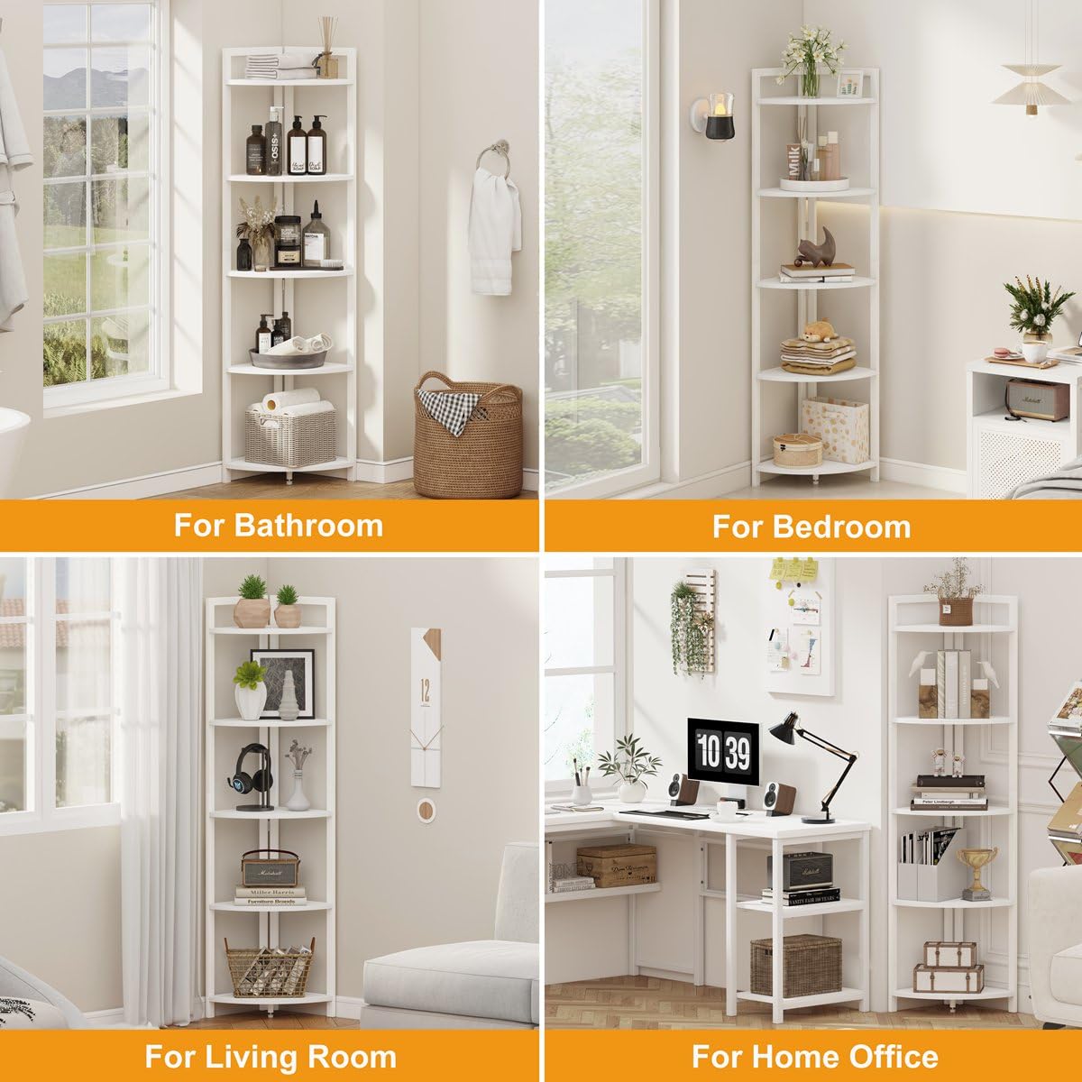 FATORRI 5-Tier Tall Corner Shelf - Modern Wood & Metal Bookshelf for Living Room, Home Office - Corner Plant Stand, Bookcase - White Oak - Perfect for Small Spaces & Stylish Storage