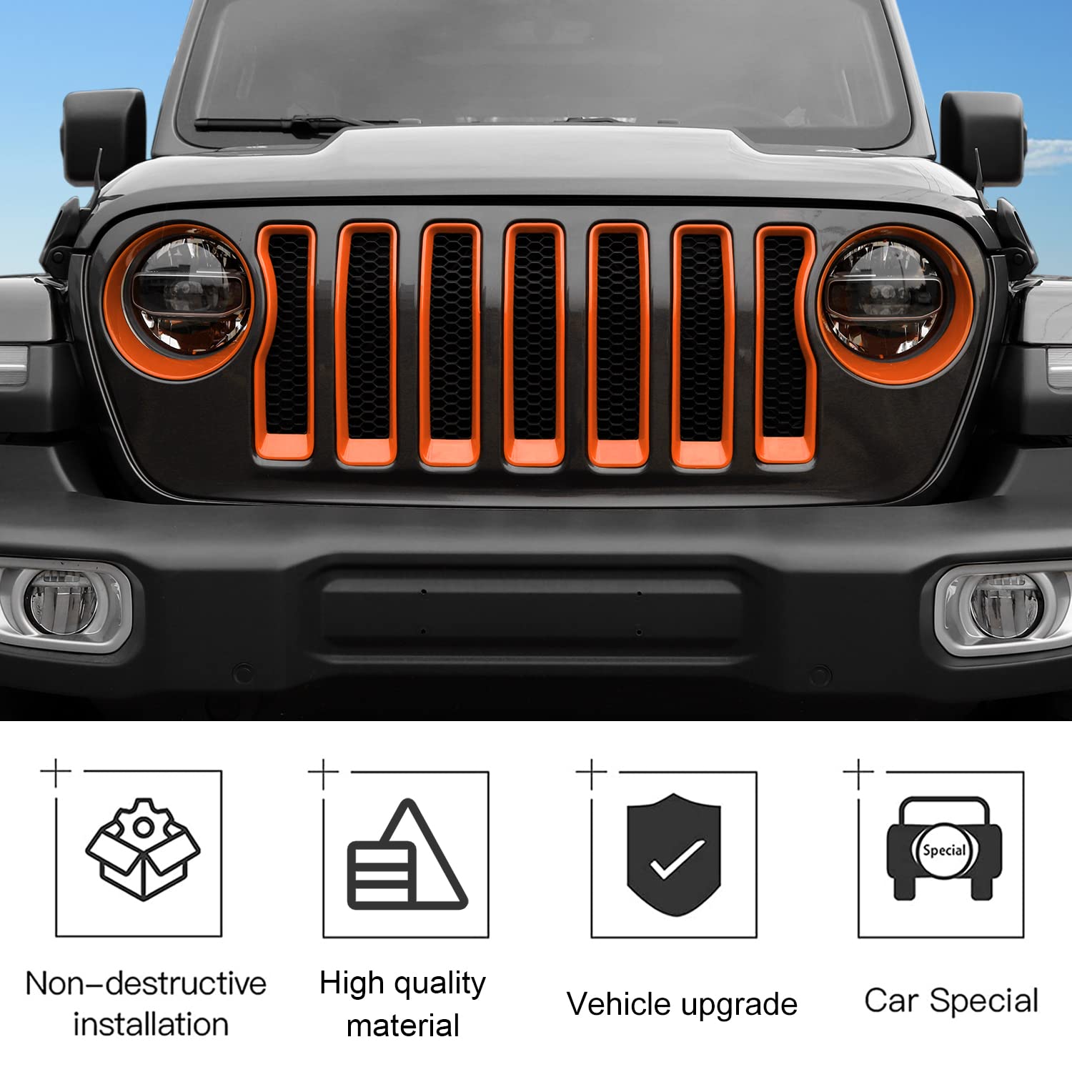 CheroCar Orange Mesh Grille Insert & Headlight Turn Signal Cover Trim - Exterior Accessories for Jeep Wrangler JL (2018-2022) | Off-Road Protection & Style Upgrade