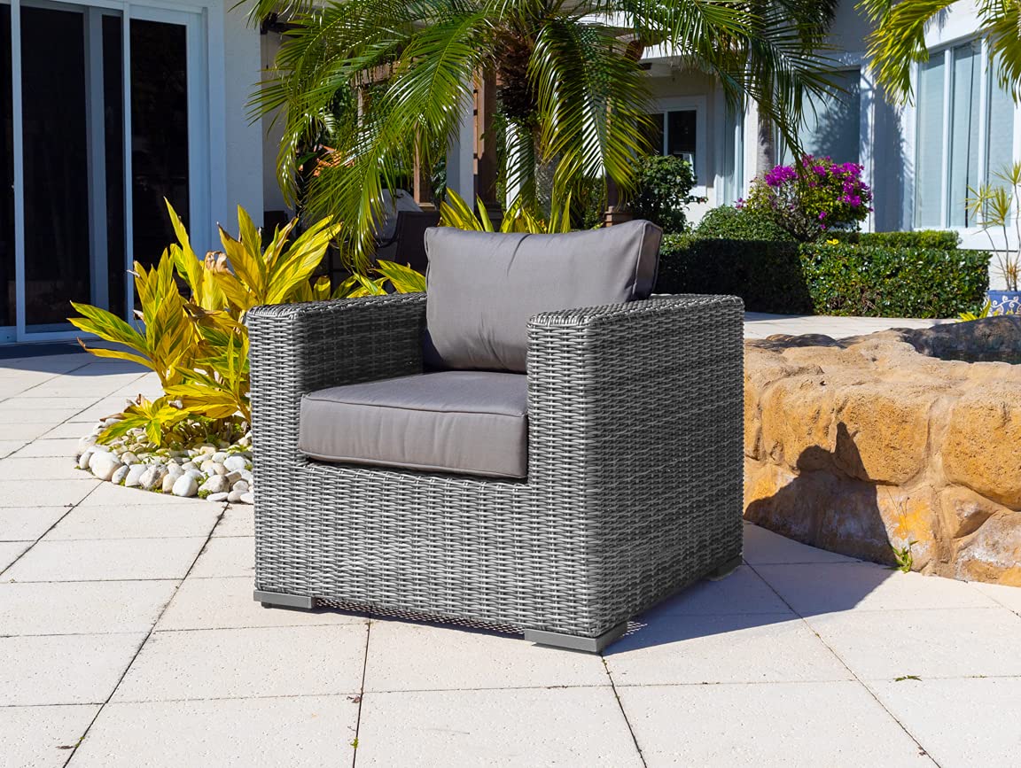 Tuscany 7-Piece Gray Resin Wicker Outdoor Sectional Sofa Set with Modular Sections, Armchair, Ottoman & Coffee Table - Perfect for Patio, Garden, Poolside & Backyard Relaxation