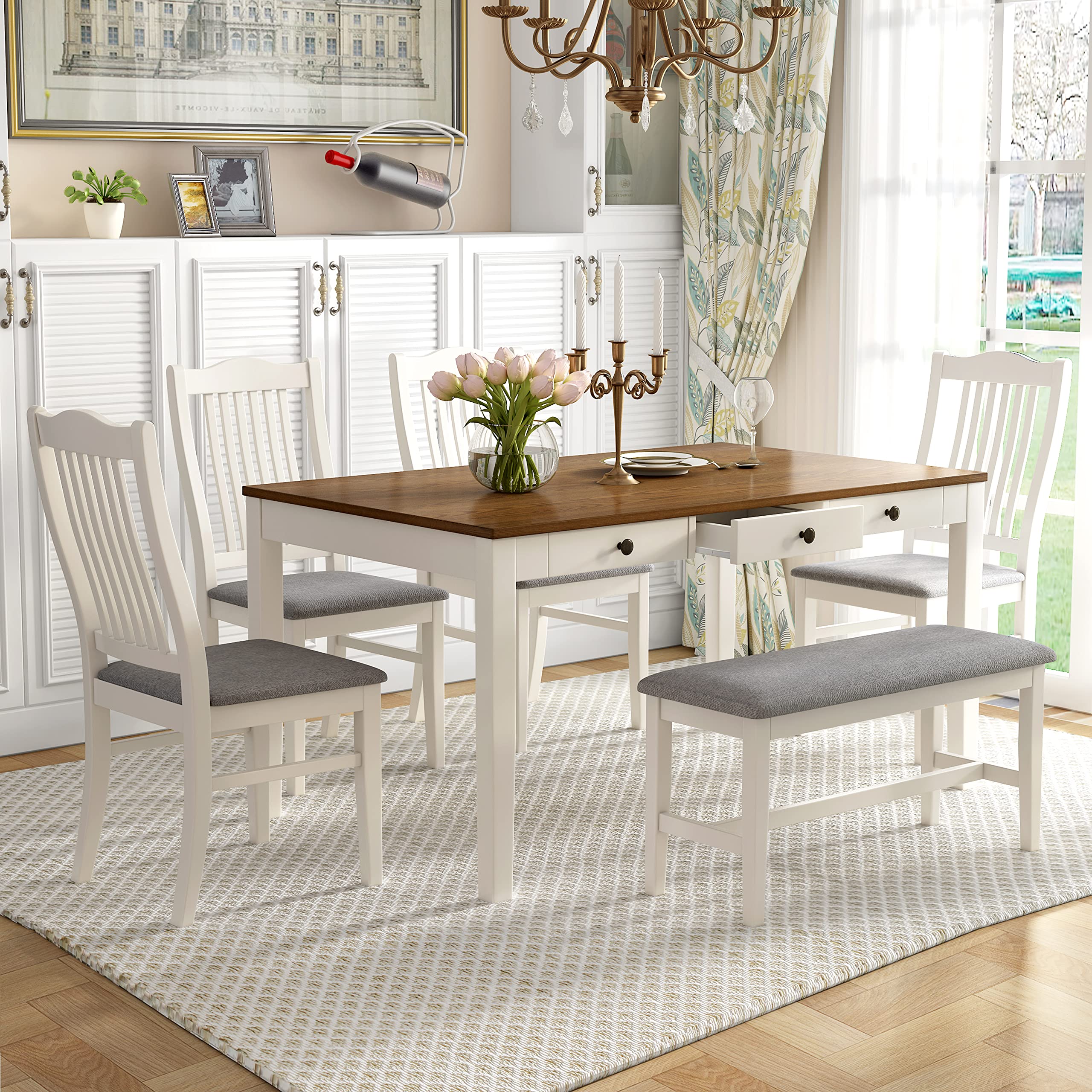 Merax Mid-Century 6-Piece Wood Dining Table Set with Storage Drawer, 4 Upholstered Chairs & Bench in Butter Milk - Perfect for Small Space Dining Rooms, Breakfast Nooks & Modern Farmhouse Decor