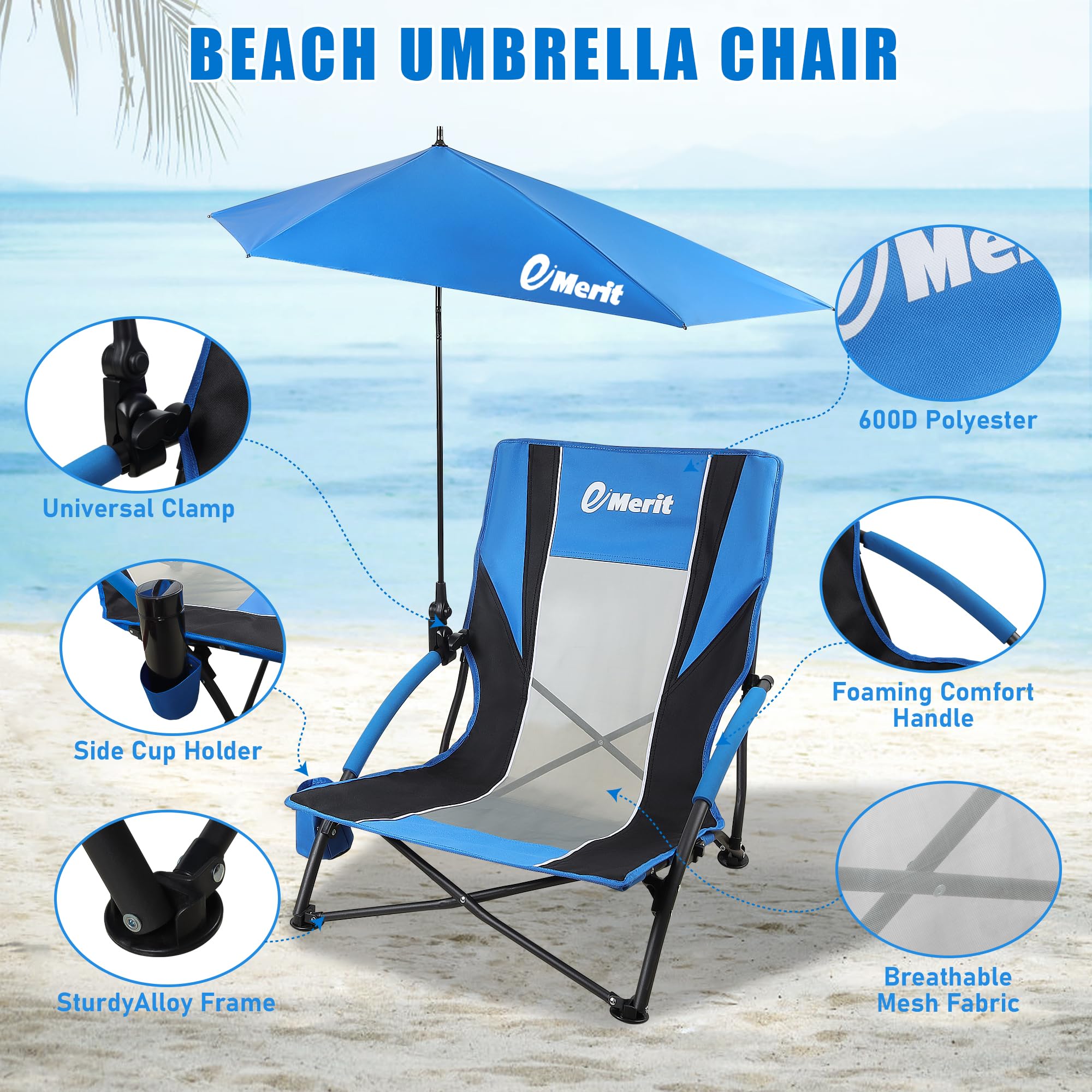 EMERIT Low Beach Chairs for Adults - Portable Folding Backpack Camping Chair with Cup Holder & Umbrella | Lightweight Outdoor Lounge Chair for Beach, Pool, Picnic, Backyard, and Travel