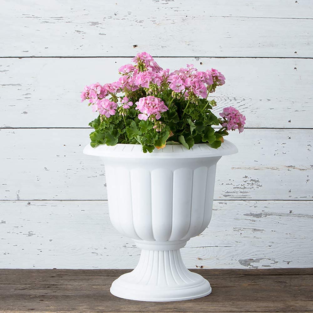 Classic White Plastic Urn Garden Planter - 19 Inch Outdoor Flower Pot (Pack of 2) for Patio, Porch & Lawn Decor | Durable Weather-Resistant Plant Container
