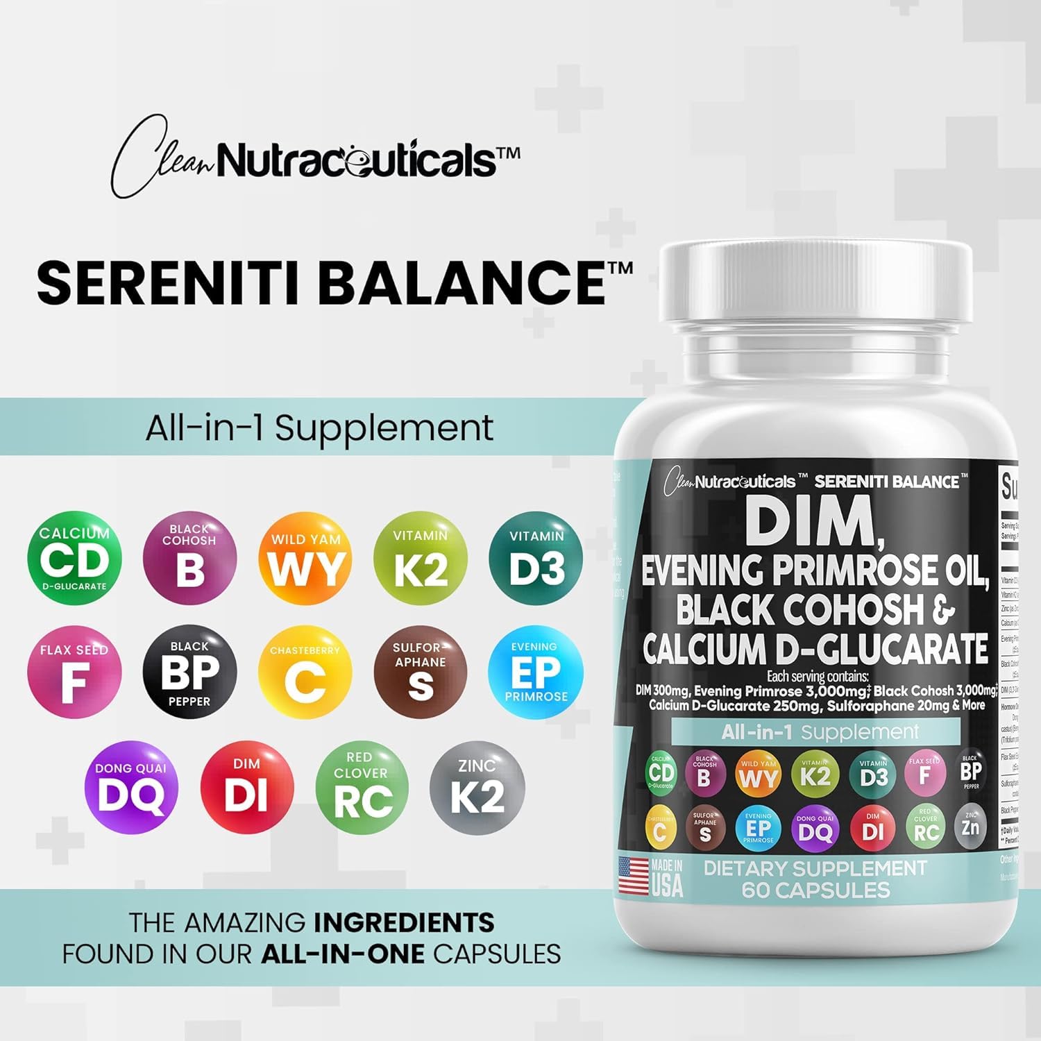 Clean Nutraceuticals DIM Complex for Women - Evening Primrose, Black Cohosh, Calcium D-Glucarate, Sulforaphane & Flax Seed Extract with Dong Quai - 60 Capsules for Hormonal Balance & Menopause Support - Perfect for PMS Relief & Natural Wellness