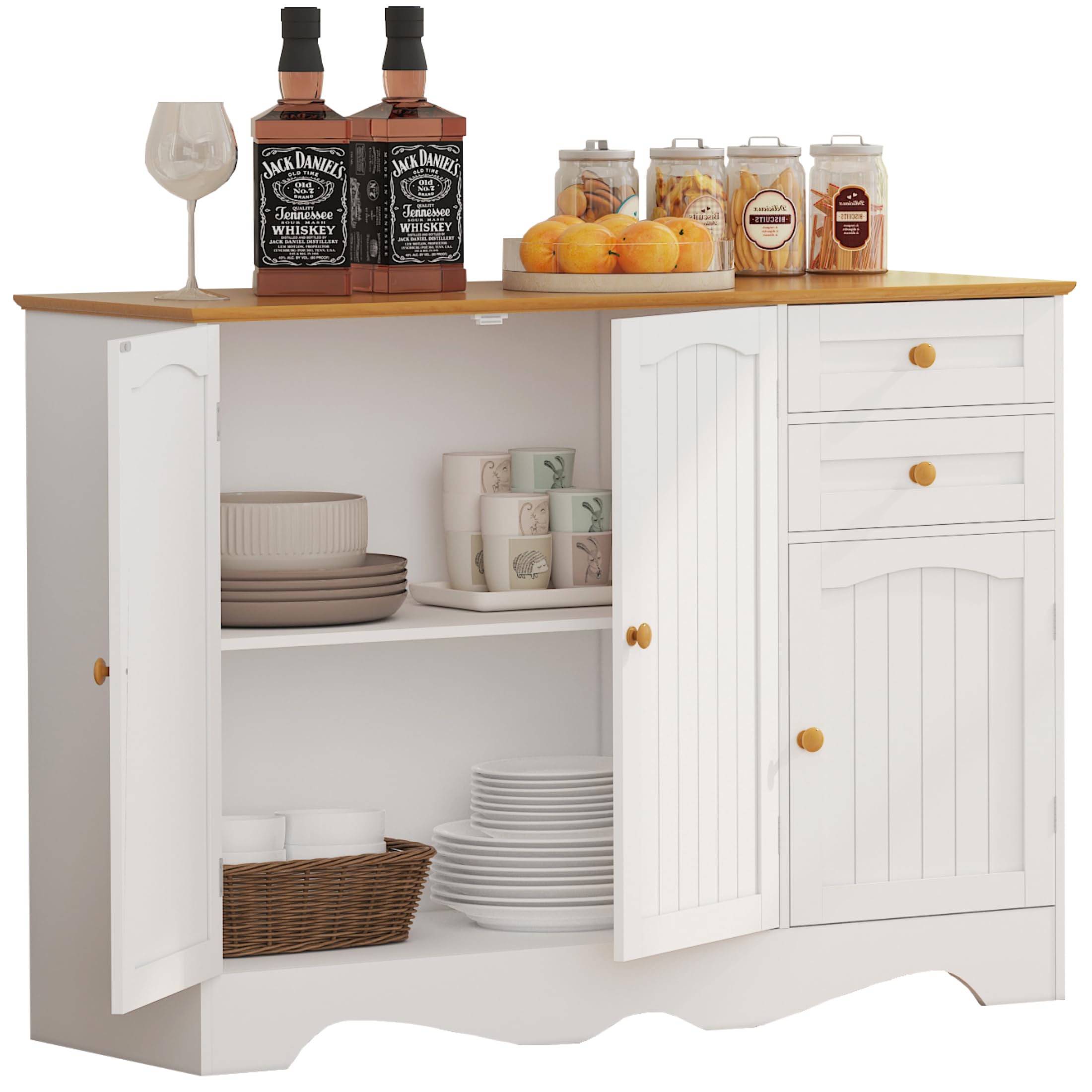 Farmhouse Style Buffet Cabinet with Storage - 2 Drawers & 3 Doors Kitchen Sideboard, White Honey Coffee Bar Console for Dining Room, Living Room & Entryway - Perfect for Home Organization & Entertaining Guests