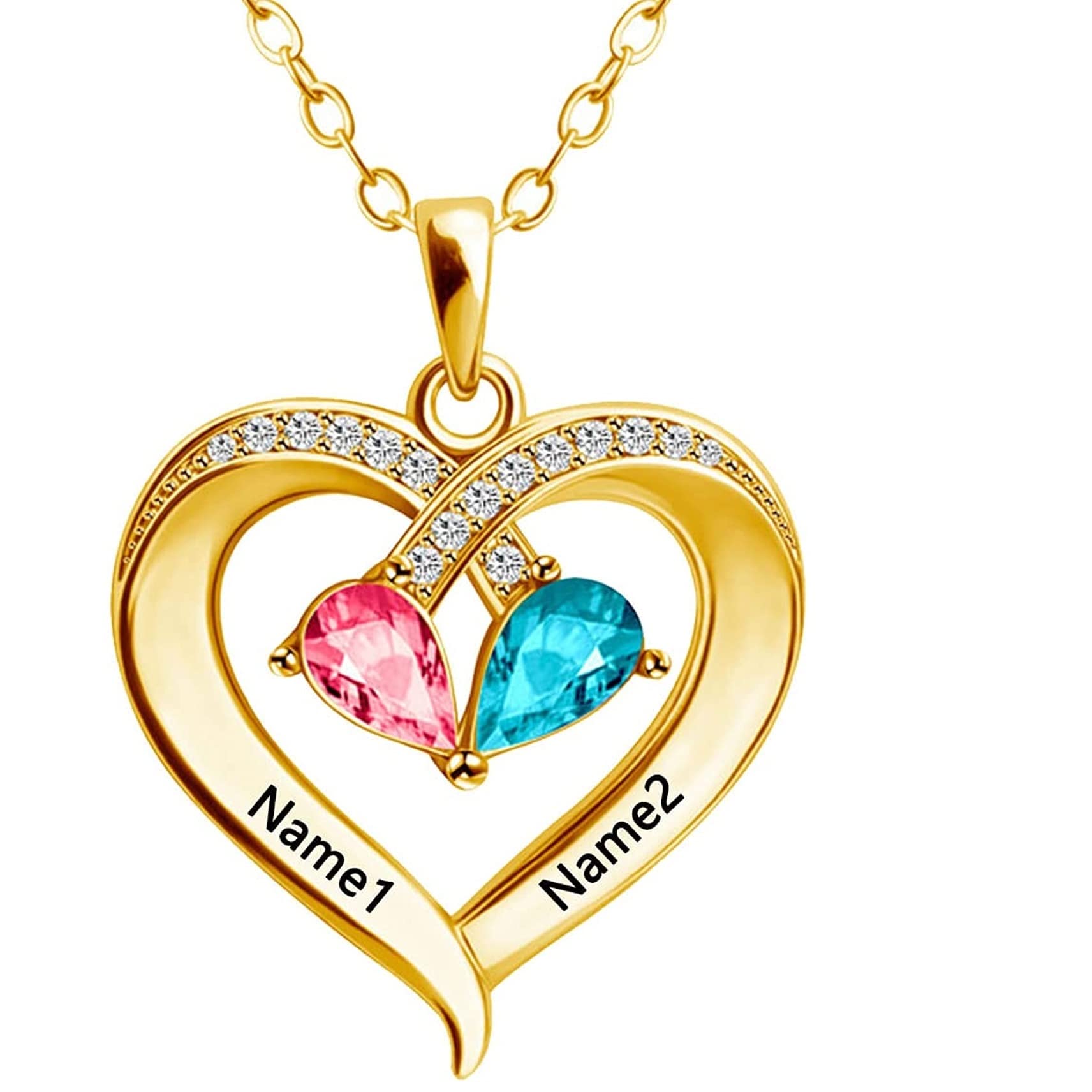 Personalized 10K/14K/18K Gold Heart Necklace with 2 Birthstones & Engraved Name - Custom Mother's Day, Valentine's Day, Birthday & Anniversary Gift for Women, Mom, Wife - Perfect for Romantic Occasions, Special Celebrations & Everyday Wear