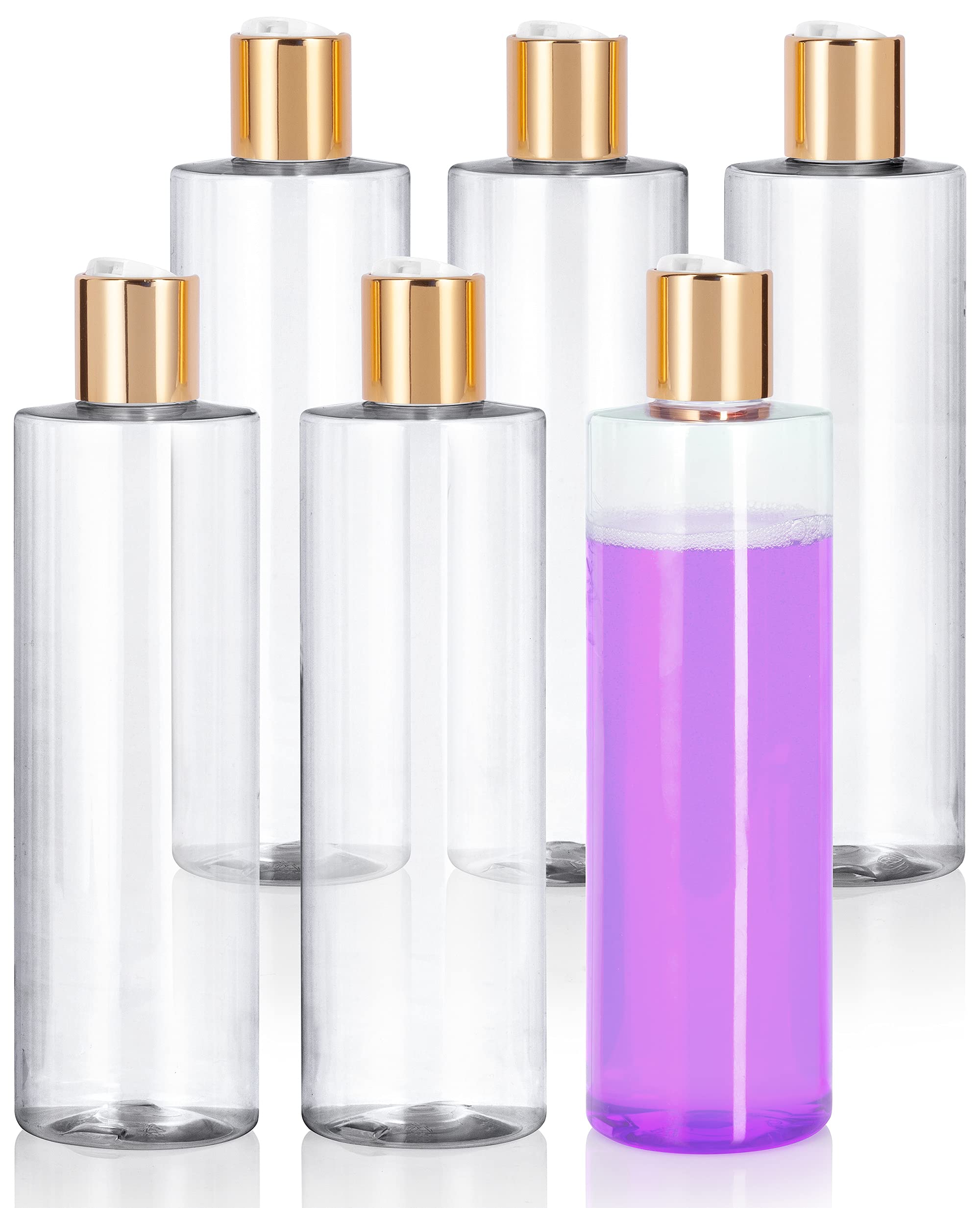 JUVITUS 12 oz Clear PET Plastic Bottles with Gold Disc Cap - BPA Free, 6 Pack - Ideal for DIY Crafts, Essential Oils, Hair Dye & Cosmetic Storage