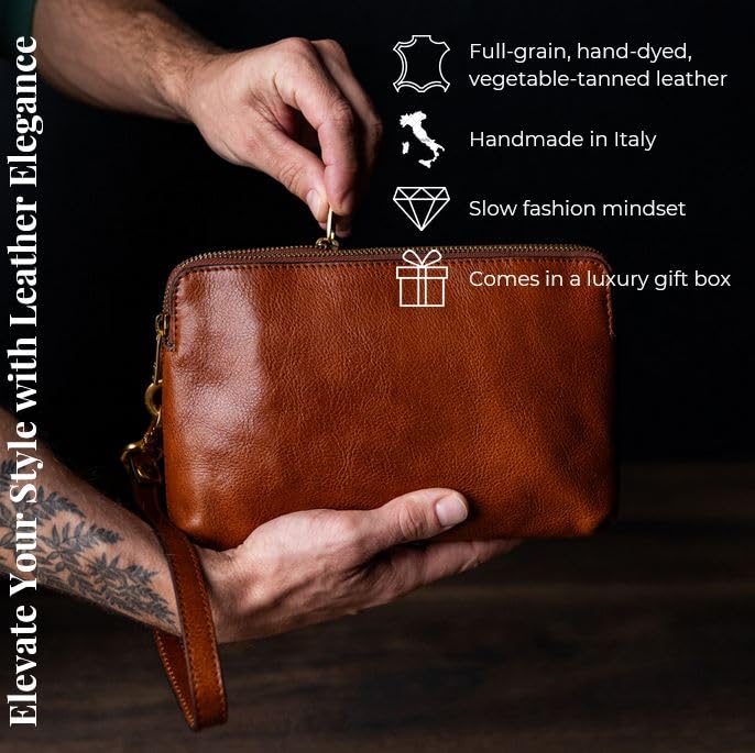 Premium Italian Handmade Leather Clutch for Men - Durable Time-Resistant Organizer Wrist Bag & Business Briefcase - Perfect for Office, Travel & Formal Events (Gift Box Included)