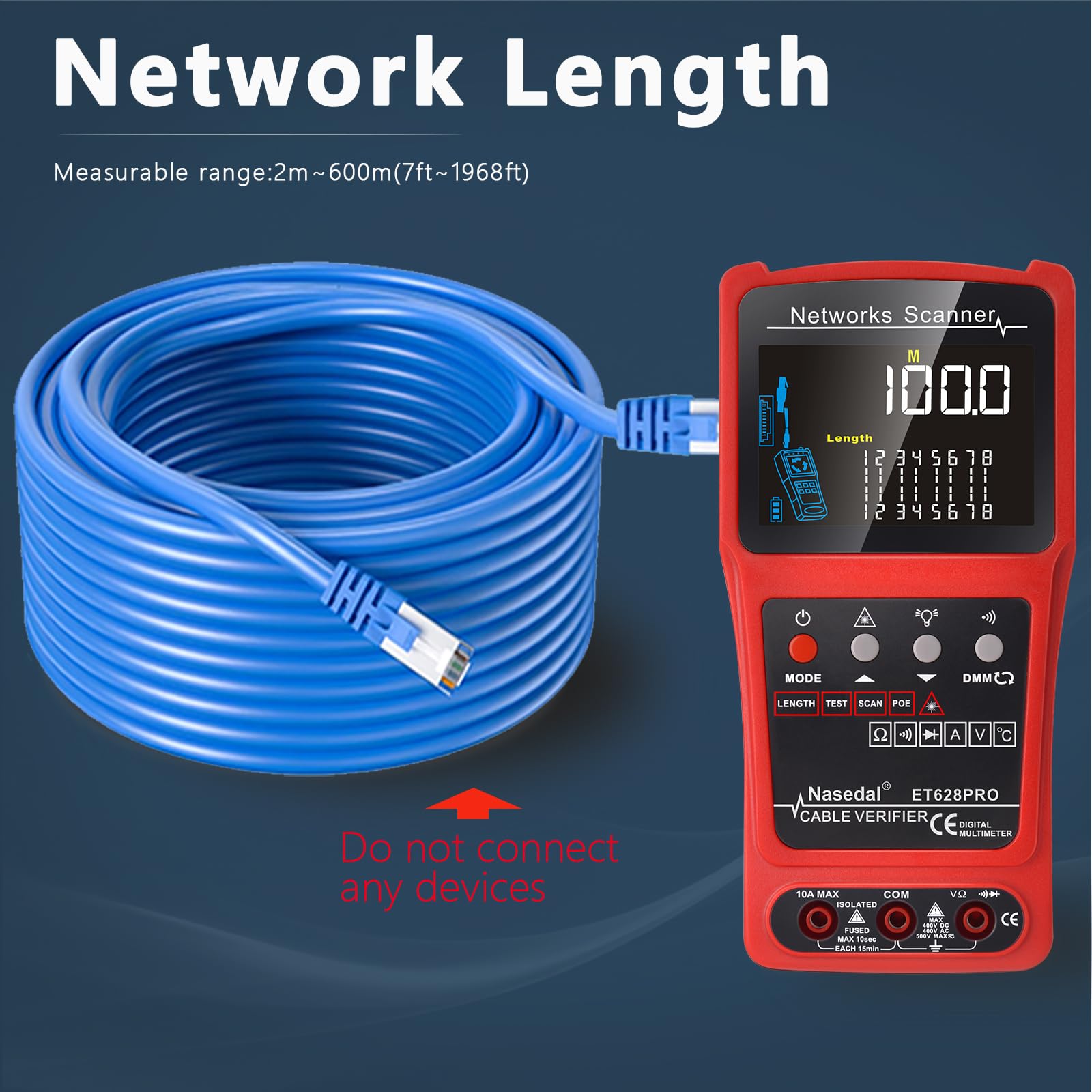 Professional 3-in-1 Network Cable Tester - Ethernet Tester, Wire Tracker & Tone Generator for RJ45/RJ11/BNC (CAT5/CAT6/CAT7/CAT8) with PoE Test, Cable Length Measurement & Port Flash - Includes 3 Remote Testers - Perfect for IT Professionals, Network Installations & Home Office Setup