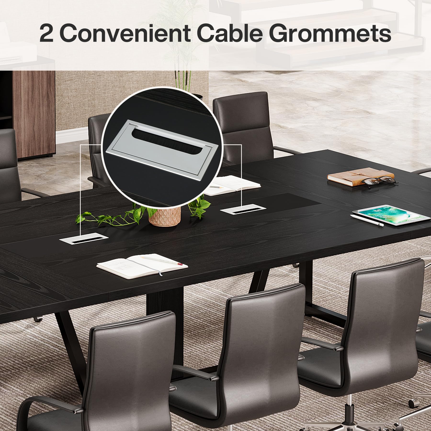 Tribesigns 94.5-Inch Industrial Conference Table for 10 People - 8 FT Rectangular Meeting Table with Two Grommets - Sturdy Office Desk for Home Office, Studio, Business Meetings & Podcast Recording