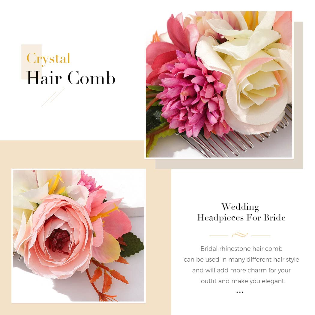 Elegant White Floral Bridal Hair Comb with Rose & Leaf Design - Wedding Hair Accessories for Women & Girls (Pink) | Perfect for Bridal Showers, Weddings & Special Occasions