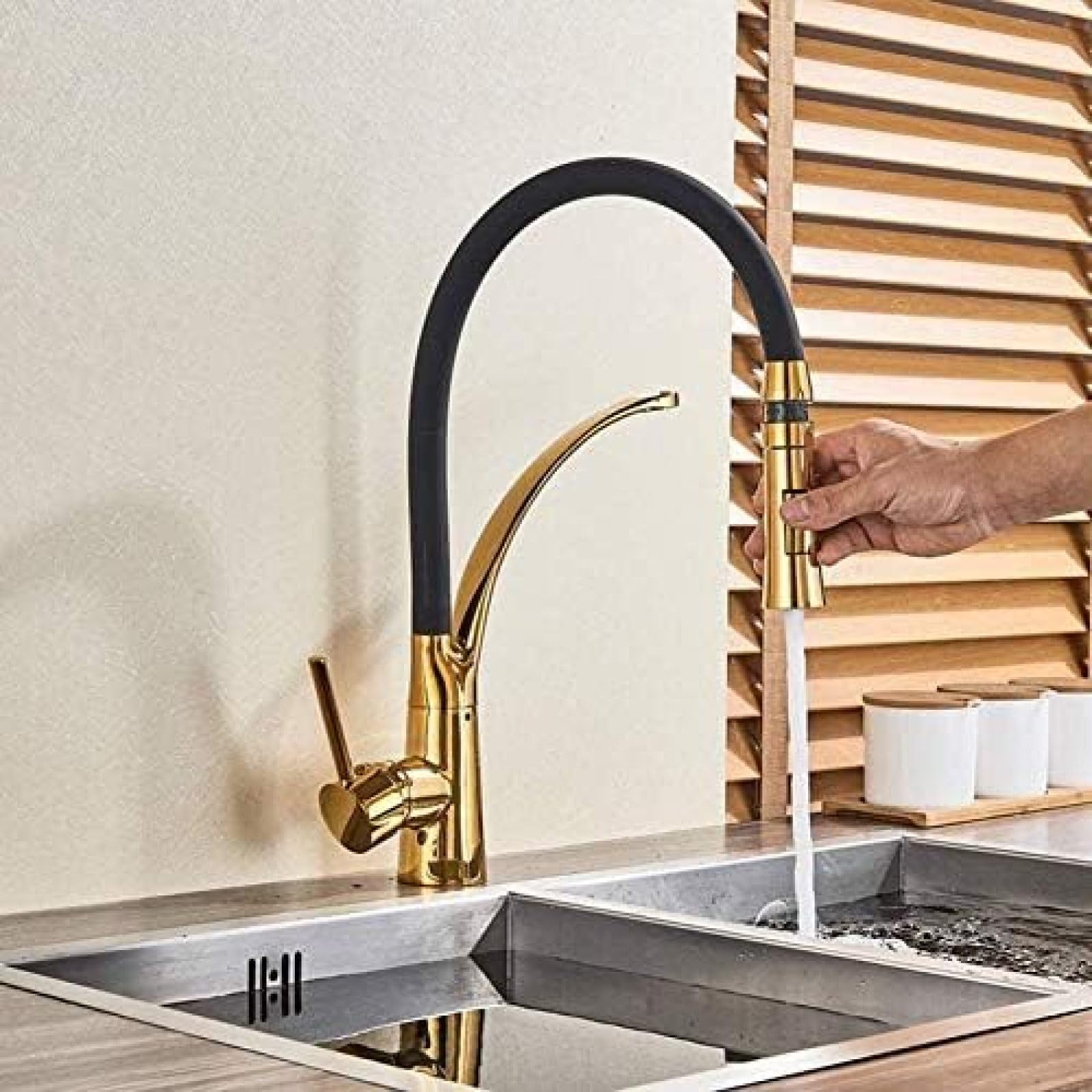 CRJUS Golden Pull Down Kitchen Faucet with Swivel Spout - Deck Mounted Black Pipe Sink Faucet for Hot & Cold Water Mixer - Perfect for Modern Kitchen & Bathroom Sink Installation