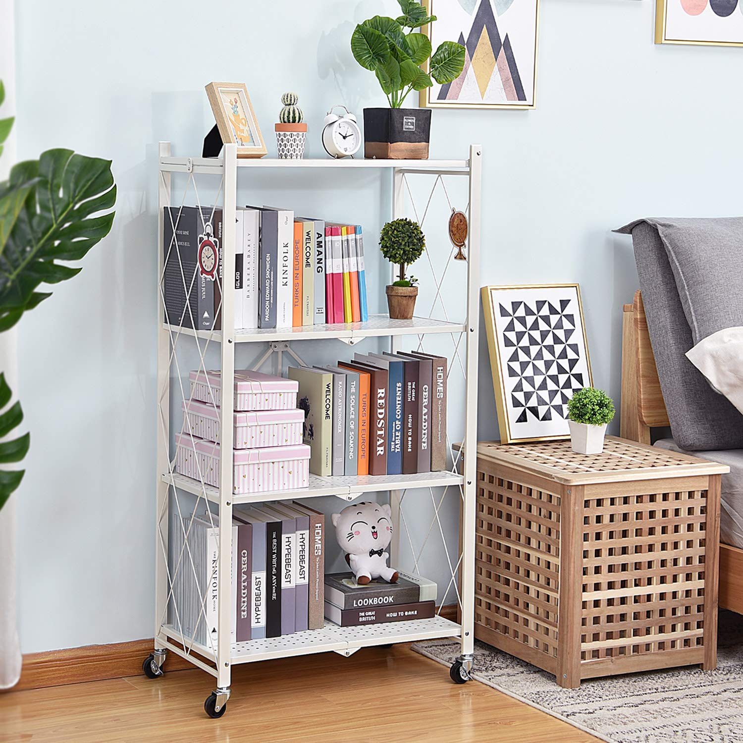 KingRack 4-Tier Heavy Duty Metal Storage Shelves - Foldable Bookshelf & Display Rack for Garage, Kitchen, Office - No Assembly Required | Perfect for Organizing Books, Plants, Kitchen Supplies & Home Storage