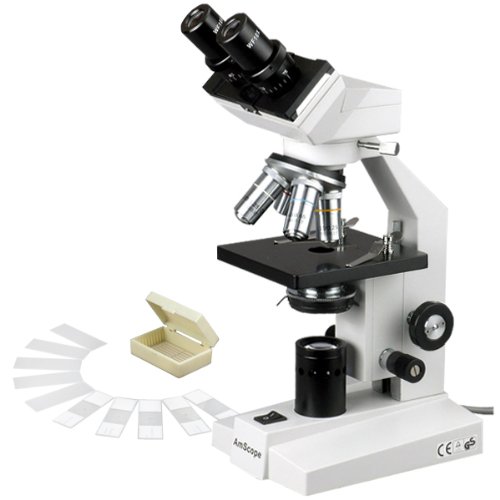 AmScope B100-PB10 Binocular Compound Microscope 40x-1000x Magnification with Brightfield & Tungsten Illumination - Includes Abbe Condenser, Plain Stage, 5 Prepared & 5 Blank Slides - Perfect for Students, Hobbyists & Lab Research