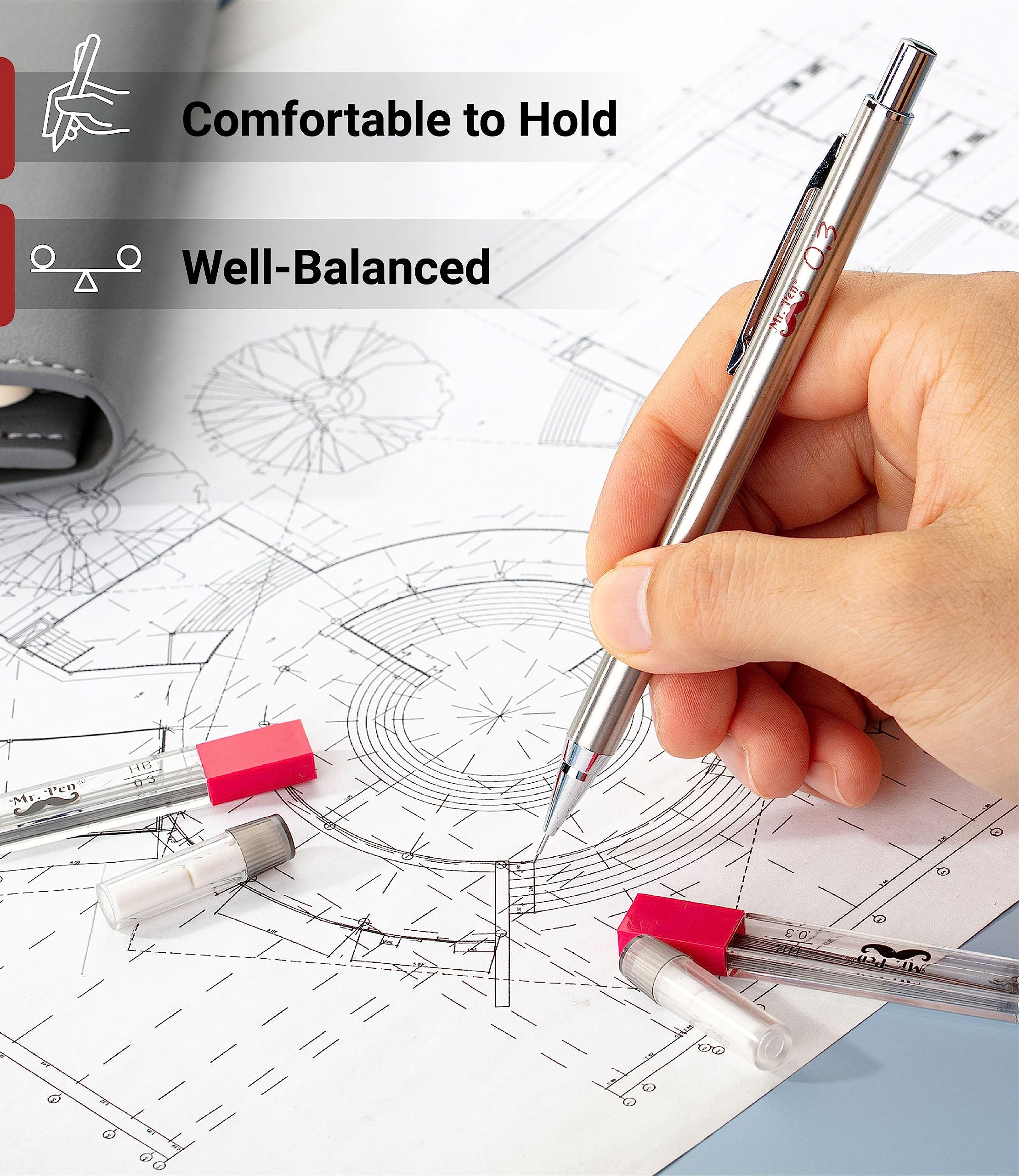 Premium 0.3mm Silver Metal Mechanical Pencils (2-Pack) - Perfect for Artists, Engineers & Technical Drawing - Ideal for Sketching, Drafting & Precision Writing