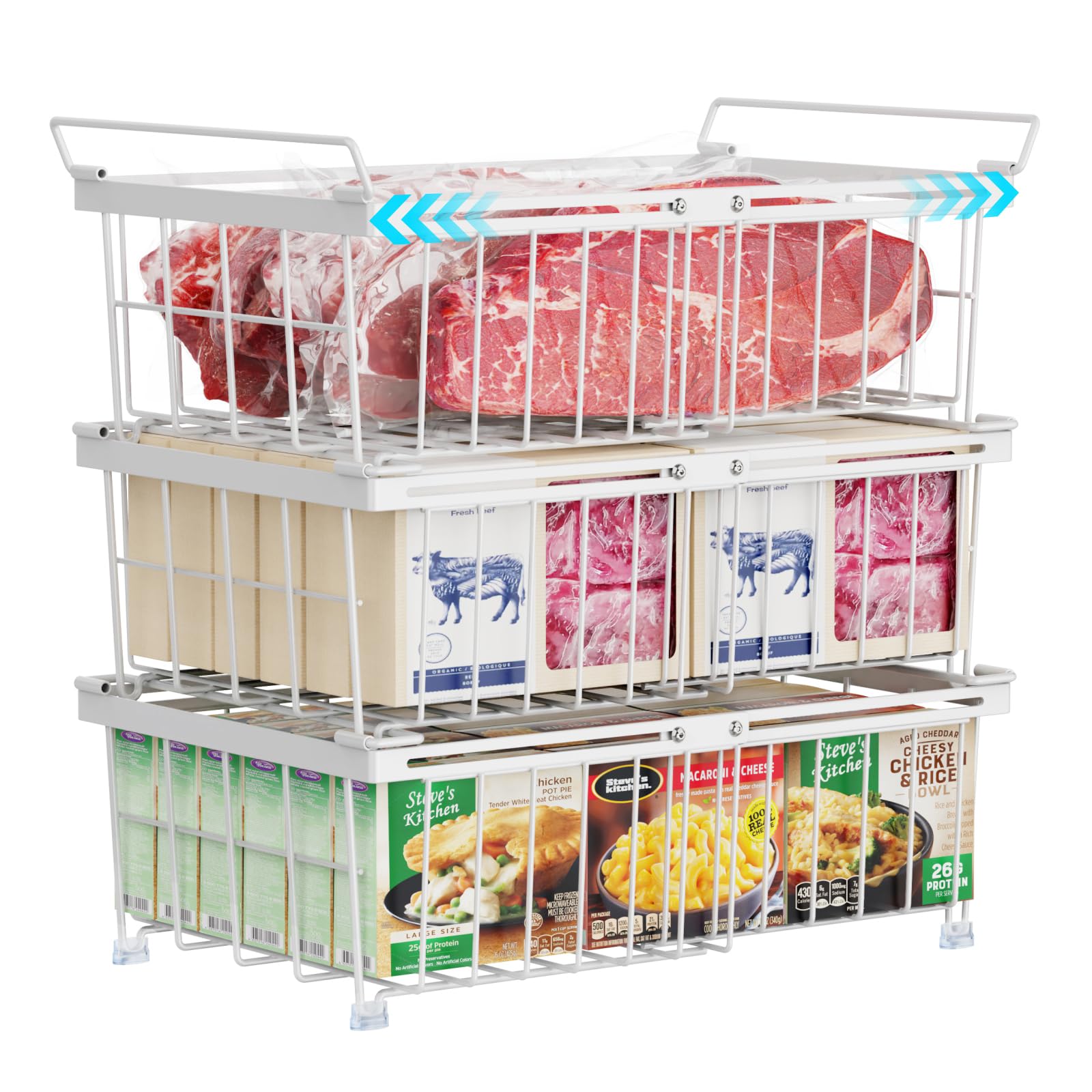 iSPECLE 3-Pack Large Expandable Stackable Deep Freezer Organizer Bins - Fits 10-20 Cu.FT Chest Freezers, White - Perfect for Organizing Frozen Food, Meat, Vegetables & Ice Cream with Easy-Grip Handles - Ideal for Home Kitchens, Garages & Restaurants