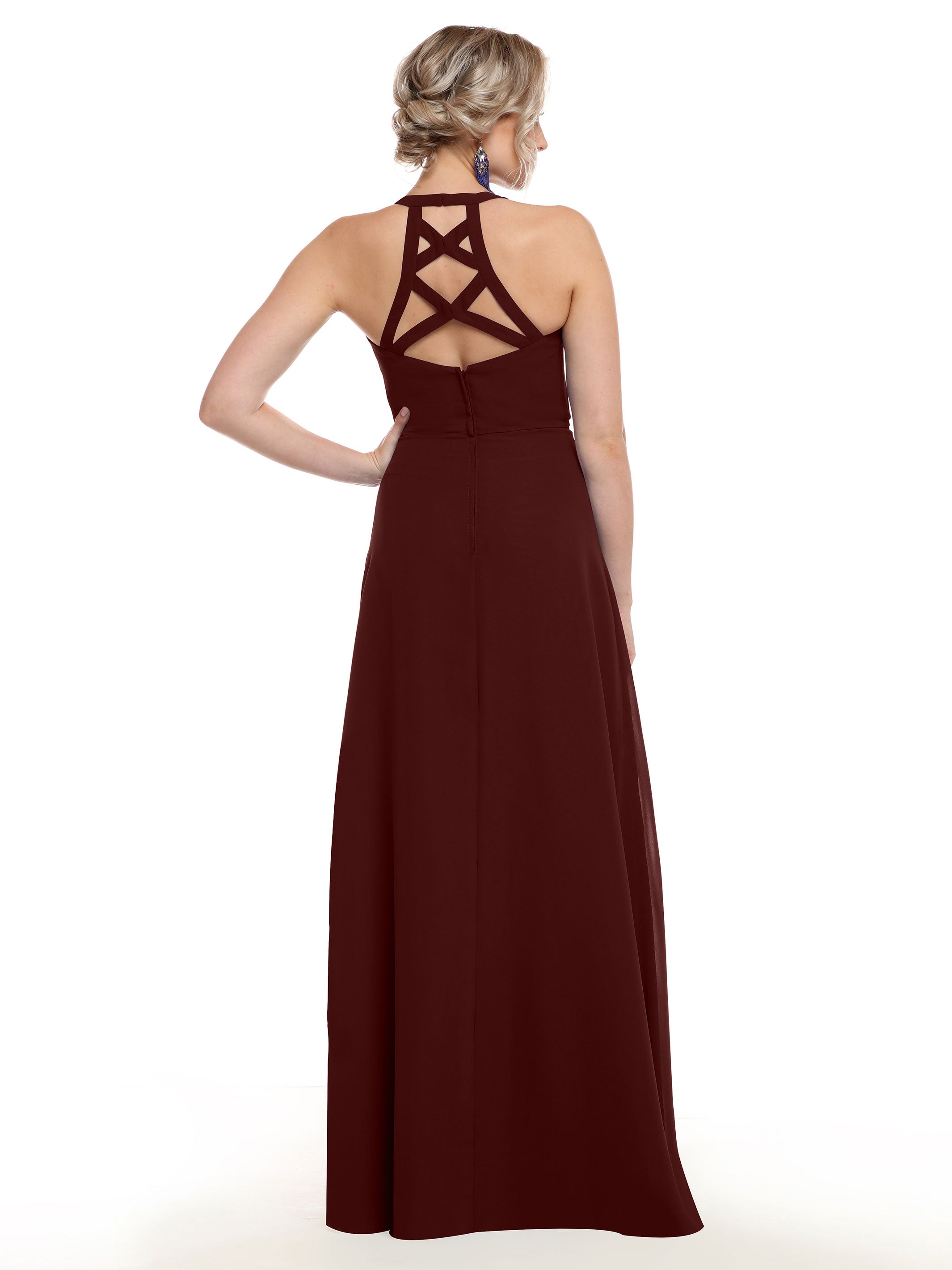 Elegant 80150 Chiffon A-Line Bridesmaid Dress with Plunging V-Neck & Intricate Back Detail - Perfect for Weddings, Formal Events & Special Occasions