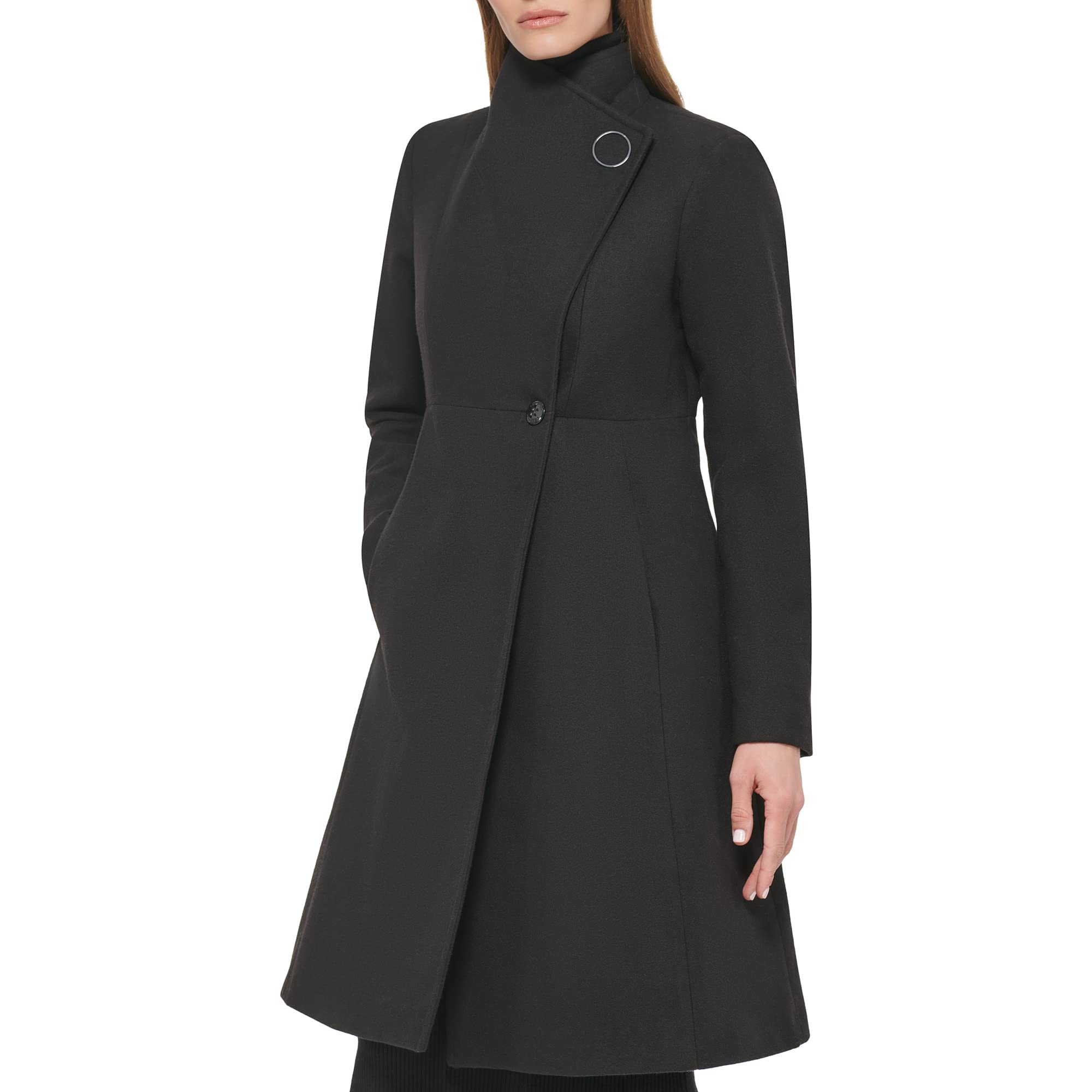 Calvin Klein Women's Asymmetrical Snap Closure Stand Collar Coat with Welt Pockets | Fashionable Winter Jacket for Work, Dating & Outdoor Activities