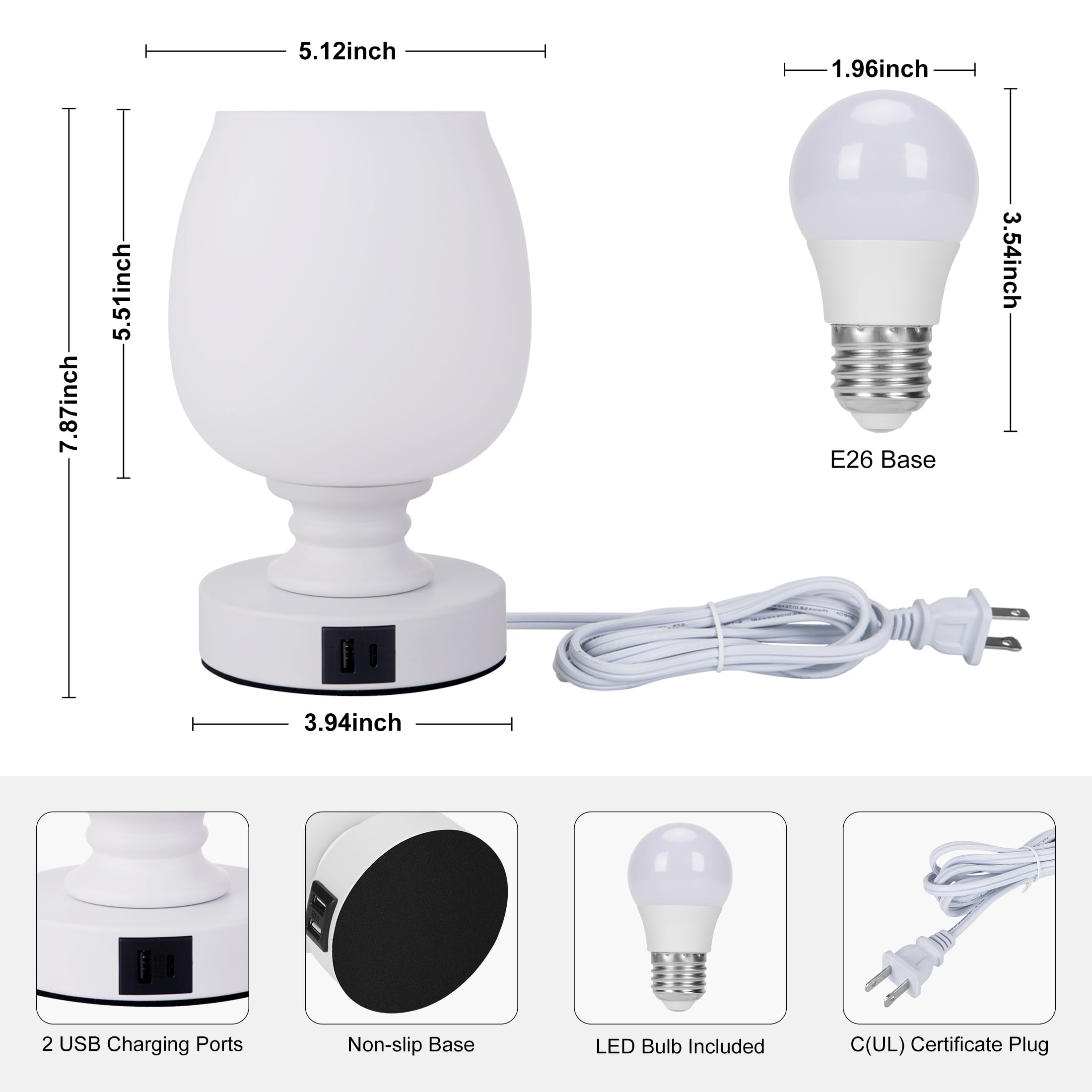 Modern Touch Control Bedside Lamp with 2 USB Ports & 3-Way Dimmable Light - Flower Glass Shade Nightstand Lamp for Bedroom, Living Room, Office, Nursery - Perfect for Reading, Working & Relaxing