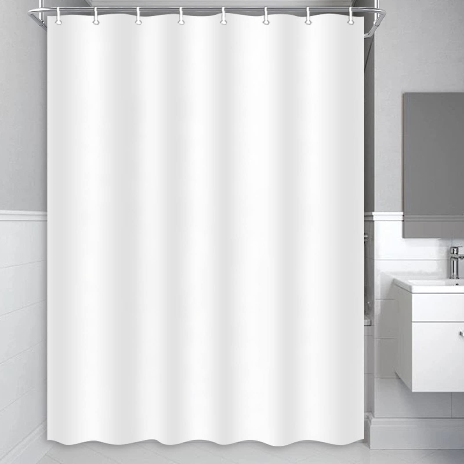JAWO RV Shower Curtain Liner - Pure White Fabric Shower Curtain with Metal Grommets for Camper, Trailer & Camping Bathroom (47x64 Inches) - Waterproof, Durable & Easy to Install - Perfect for RV, Motorhome, Travel Trailer & Tiny House Bathrooms