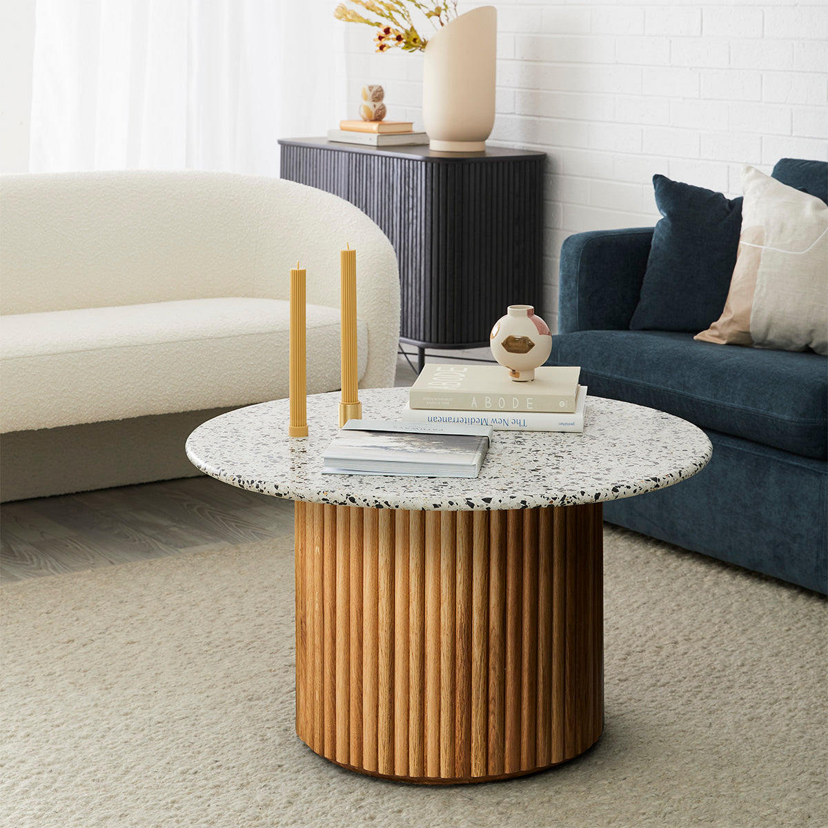 Modern Oak & Terrazzo Coffee Table - 33 Inch Round Living Room Centerpiece for Small Spaces, Home Decor, and Cozy Gatherings