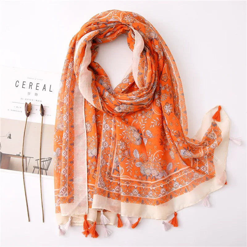 2023 Fashion Paisley Abstract Floral Tassel Viscose Shawl Scarf - Women's Lightweight Pashmina Wrap Stole & Muslim Hijab (180x90cm) - Perfect for Daily Wear, Office, Parties & Prayer