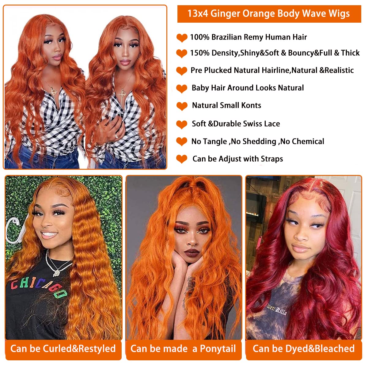 30 Inch Ginger Orange Body Wave Lace Front Wigs - Brazilian Remy Human Hair with Pre-Plucked 13x4 HD Transparent Lace | Natural Look for Black Women | Perfect for Daily Wear, Cosplay, and Special Occasions