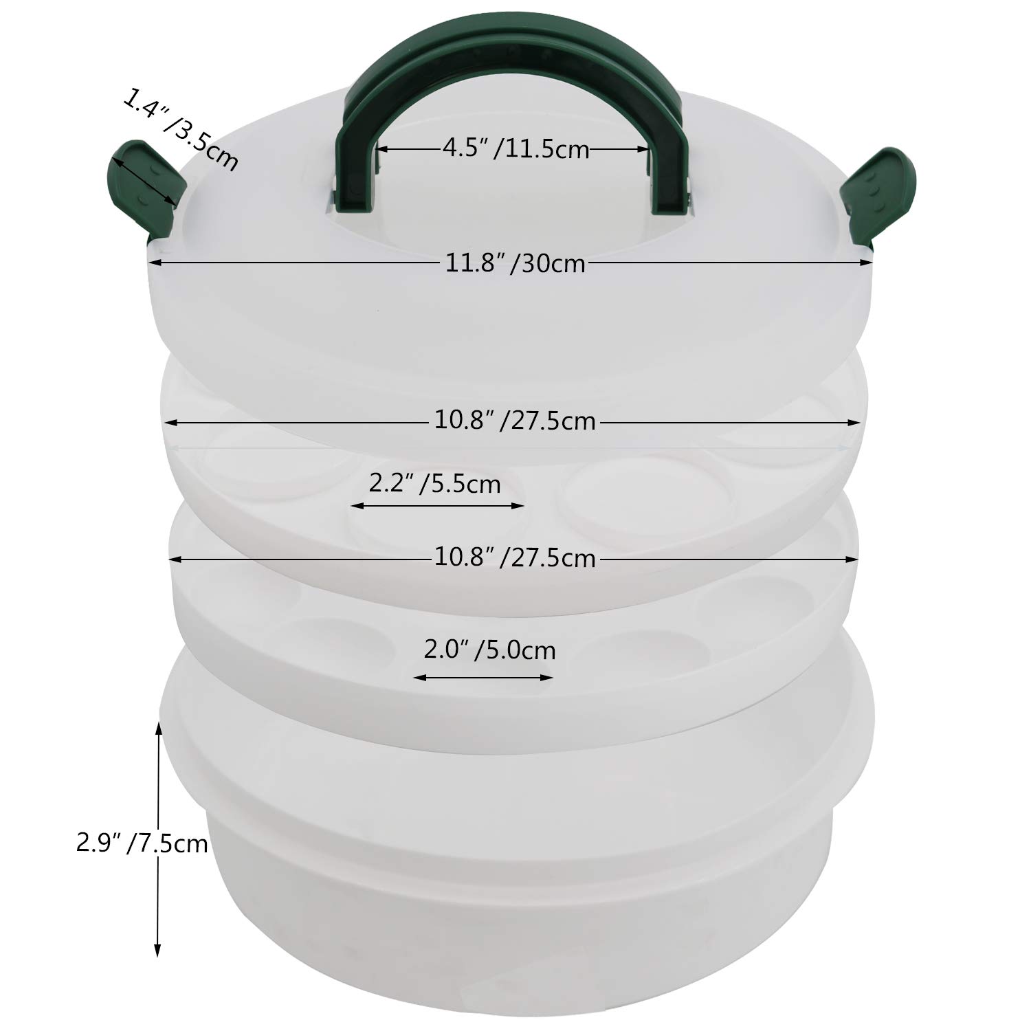 10 Inch Portable 3-in-1 Round Cupcake Carrier with Lid - Egg Tray, Muffin & Cookie Holder - Food Safe BPA-Free Baking Container for Parties, Picnics & Potlucks (Green)