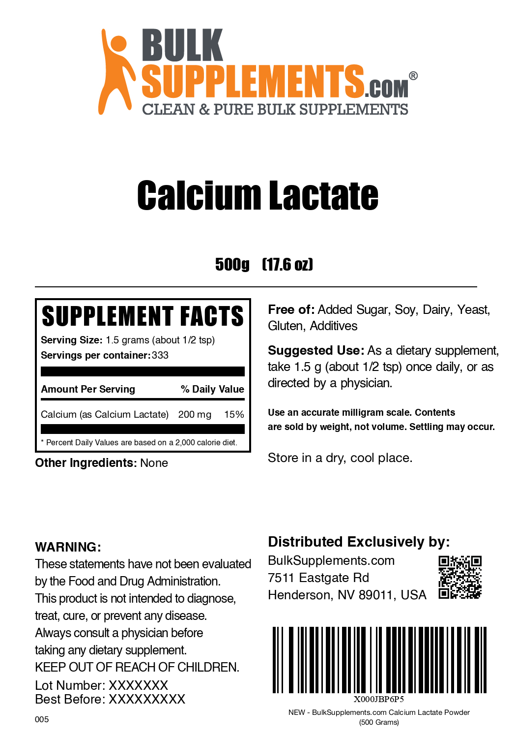 Premium Calcium Lactate Powder - High Purity Dietary Supplement for Bone Health & Muscle Function - Ideal for Baking, Cooking & Smoothies