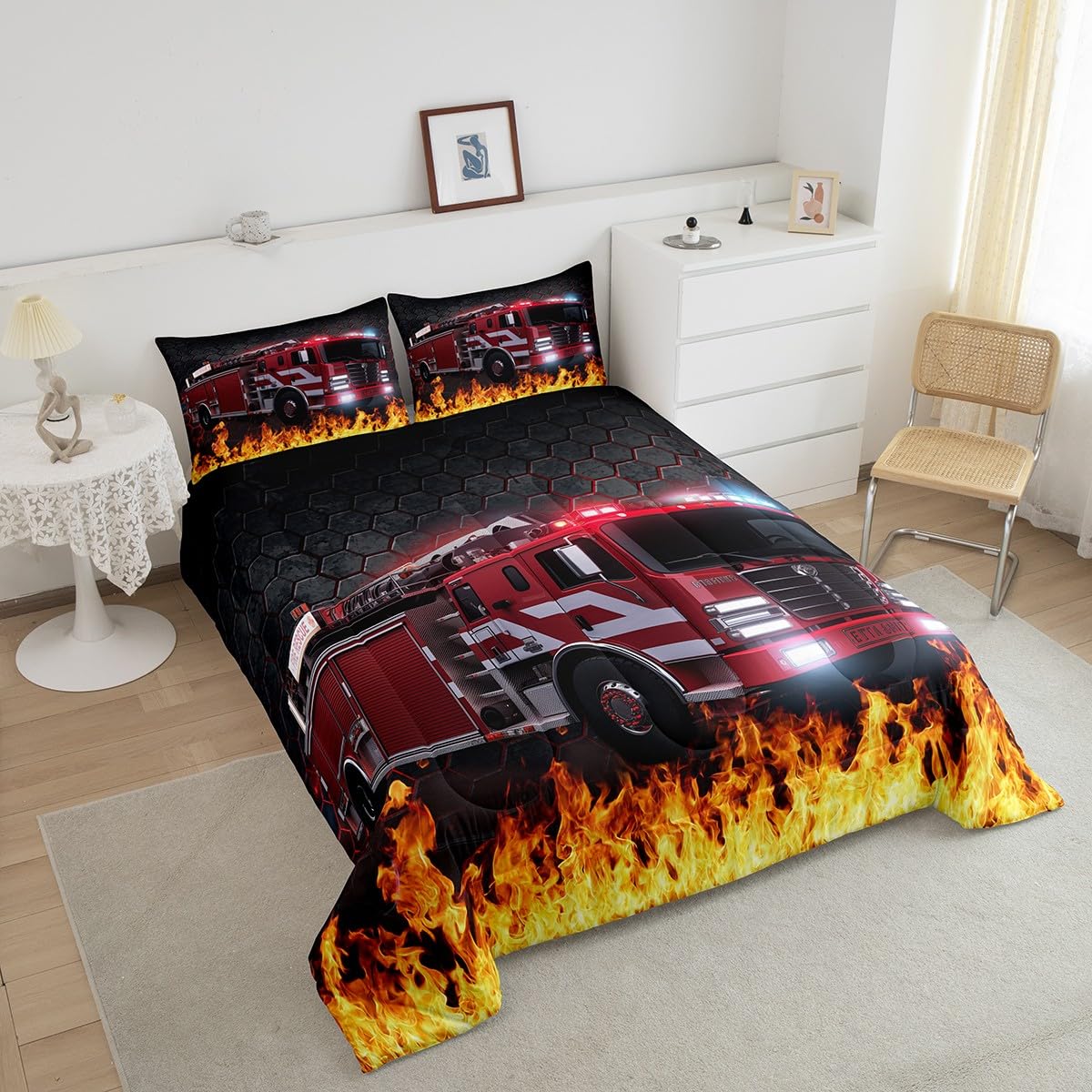 Firefighter Car Comforter Set - Fire Truck Bedding Twin Size Black & Red Honeycomb Quilted Duvet Cover with Pillowcase for Teen Boys, Kids & Young Men | Soft Cozy Bedroom Decor for Firefighter-Themed Rooms & Gift Ideas