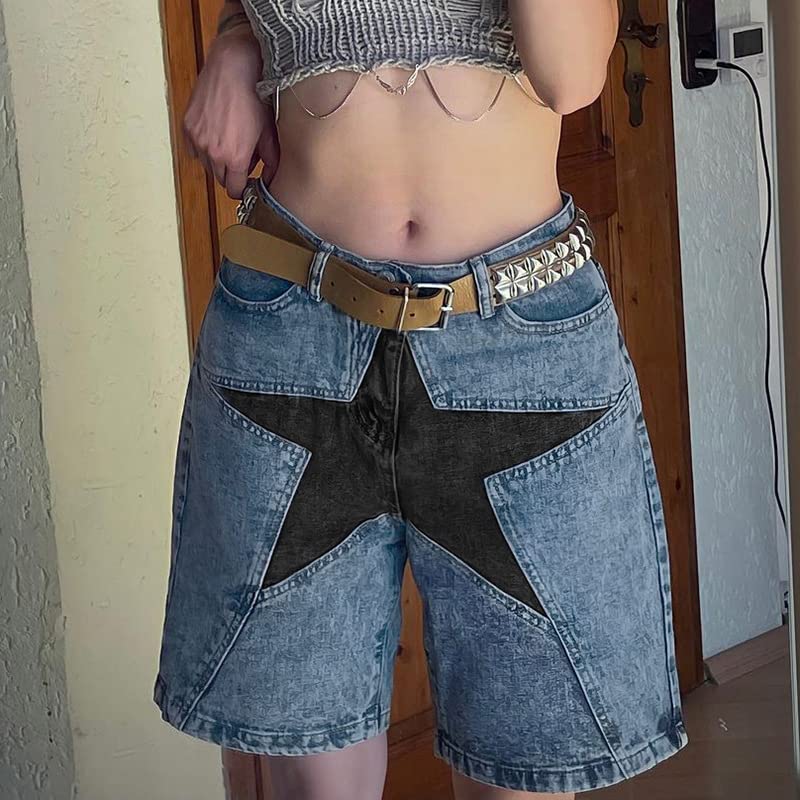 CYee Women's High Waist Denim Shorts - Y2K Grunge Patchwork Star Design, Baggy Straight Leg Jean Shorts for Hip Hop, Goth & Streetwear | Perfect for Summer Outfits, Concerts and Casual Street Style