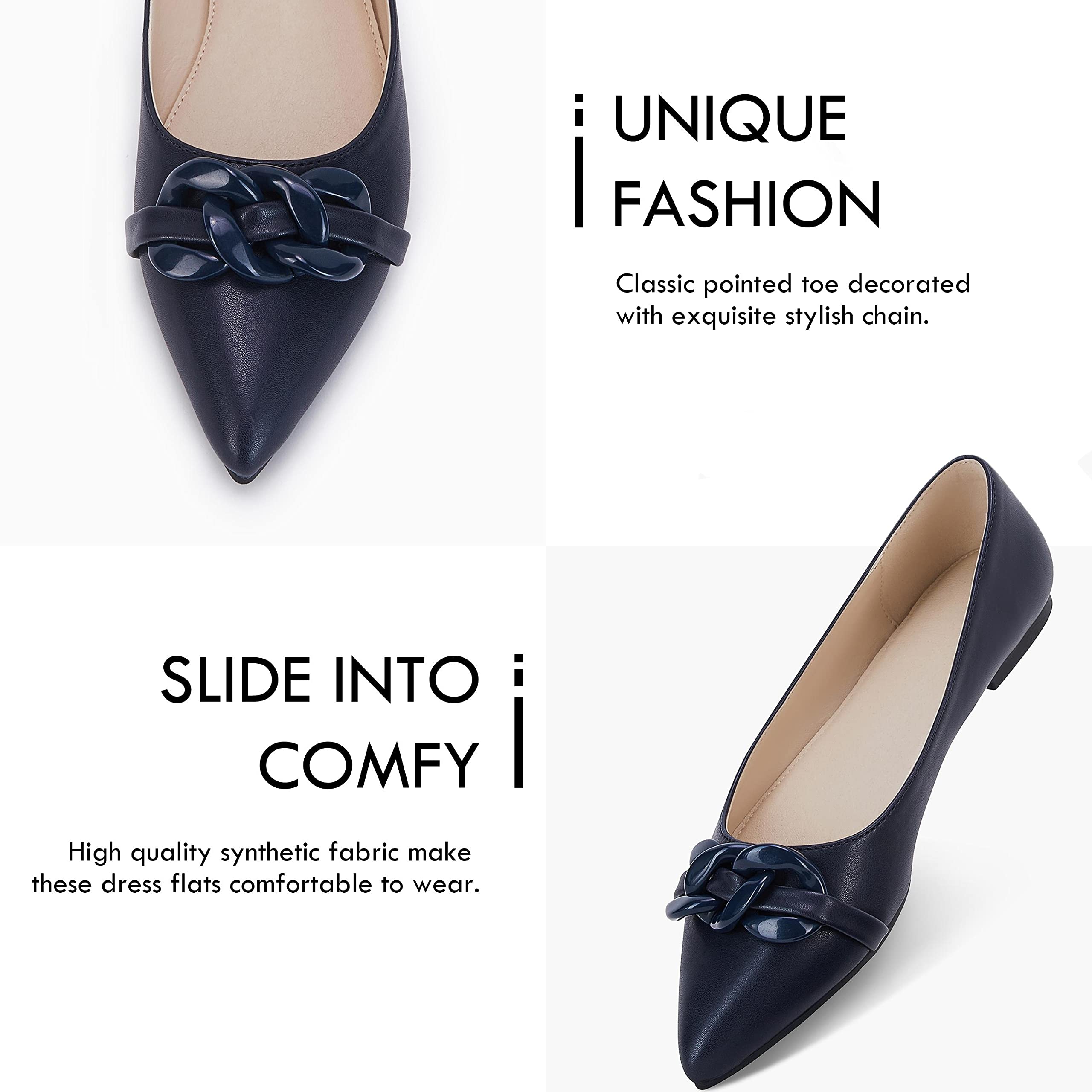 Coutgo Women's Ballet Flats - Pointed Toe Slip On Loafers with Chain Detail | Comfortable Dress Shoes for Women | Perfect for Office, Wedding & Casual Outfits