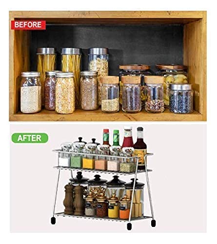 CR18 COLLLECTION 2-Tier Stainless Steel Kitchen Rack, Countertop Organizer, 40L x 8W x 4H Corner Storage Rack for Spices, Utensils, and Small Appliances (Silver, 1 Pc)