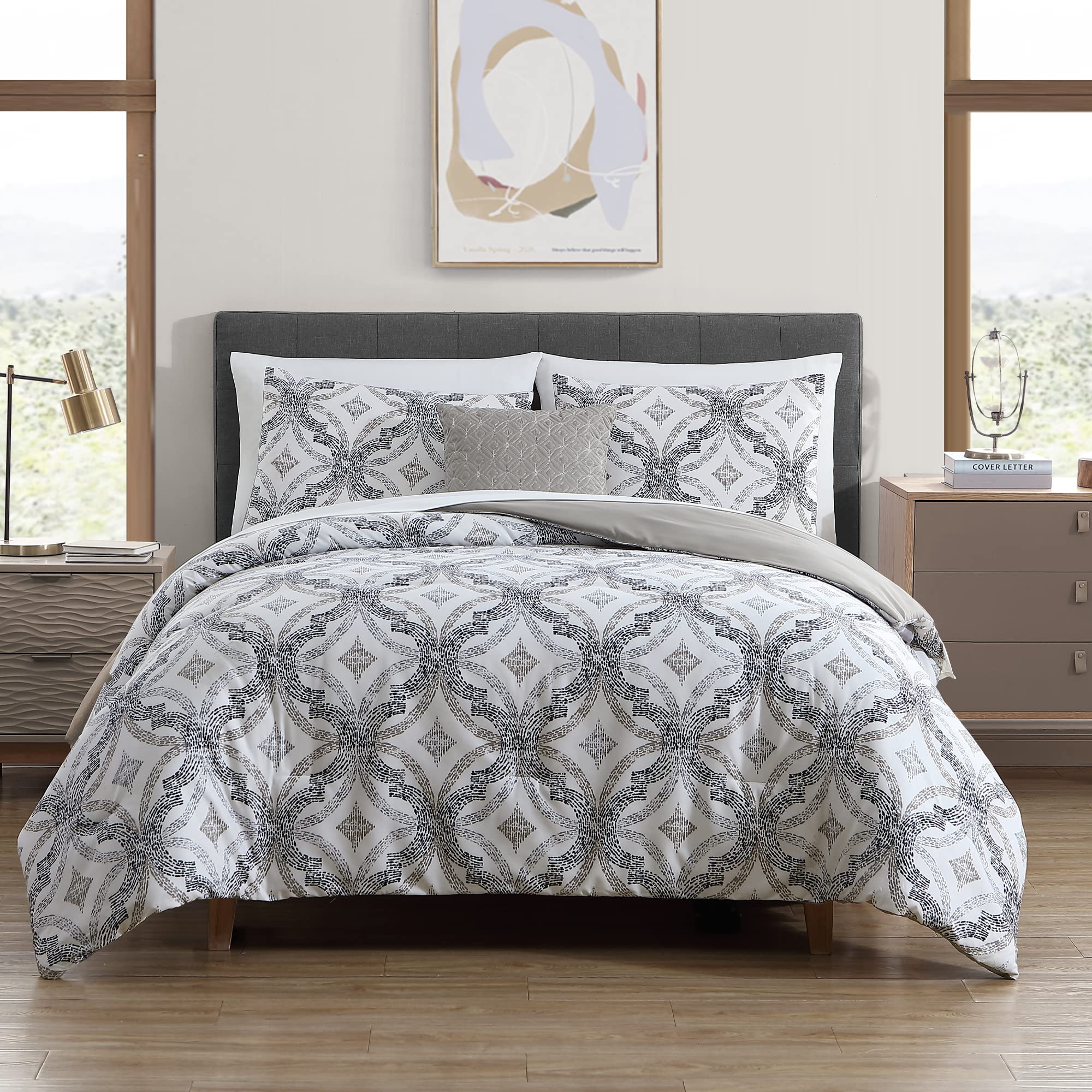 Modern Threads Capri Collection Reversible Microfiber Comforter Set - Elegant Printed King Size Bedding with Comforter, Sheets, Shams & Pillows - Soft Luxury Bed Set for Master Bedroom or Guest Room