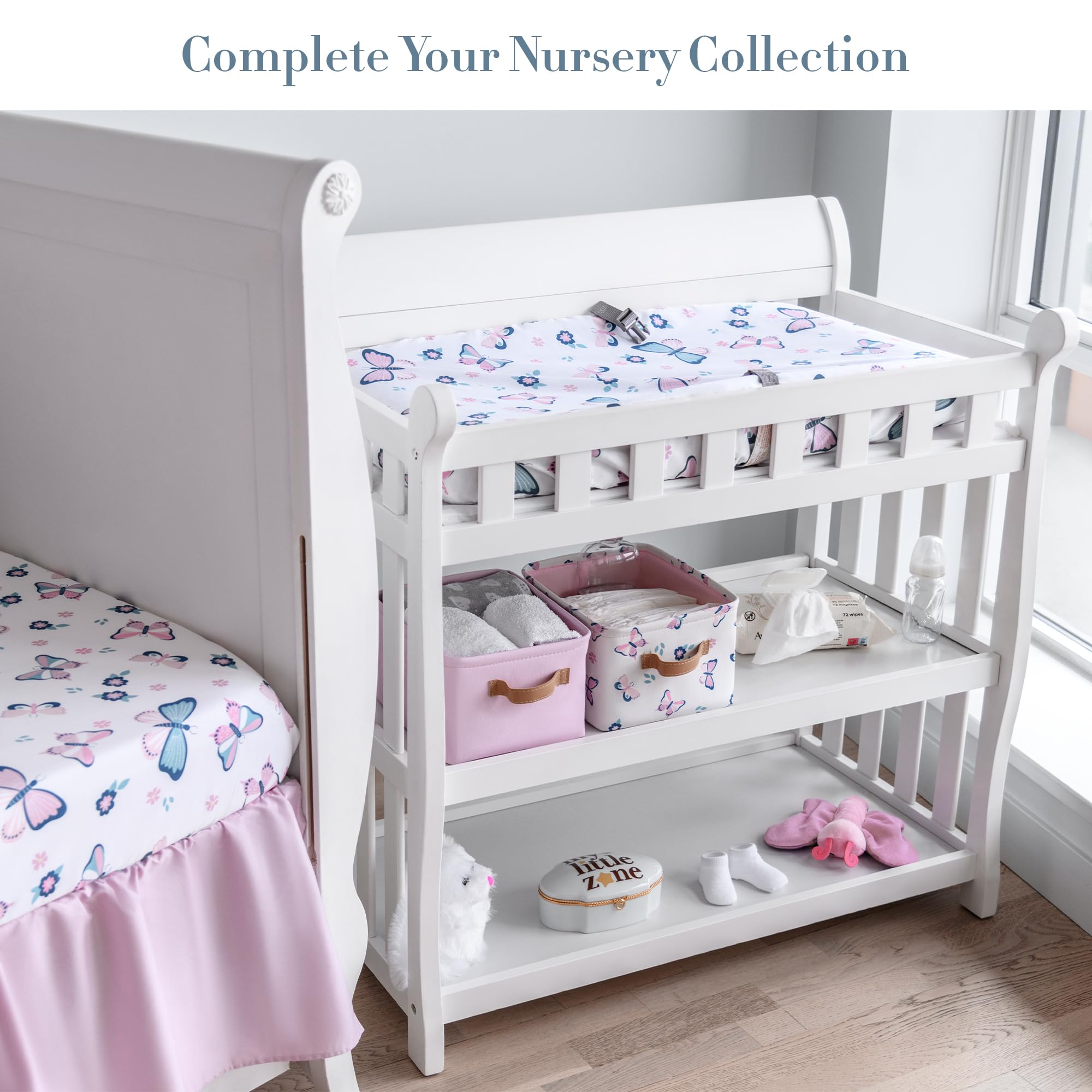 Butterfly Crib Bedding Set for Girls - 5 Piece Nursery Set with Soft Baby Blanket, 2 Fitted Crib Sheets, Ruffled Crib Skirt & Removable Wall Decals - Pink & White Floral Butterfly Theme - Perfect for Baby Shower Gifts & Nursery Room Decor