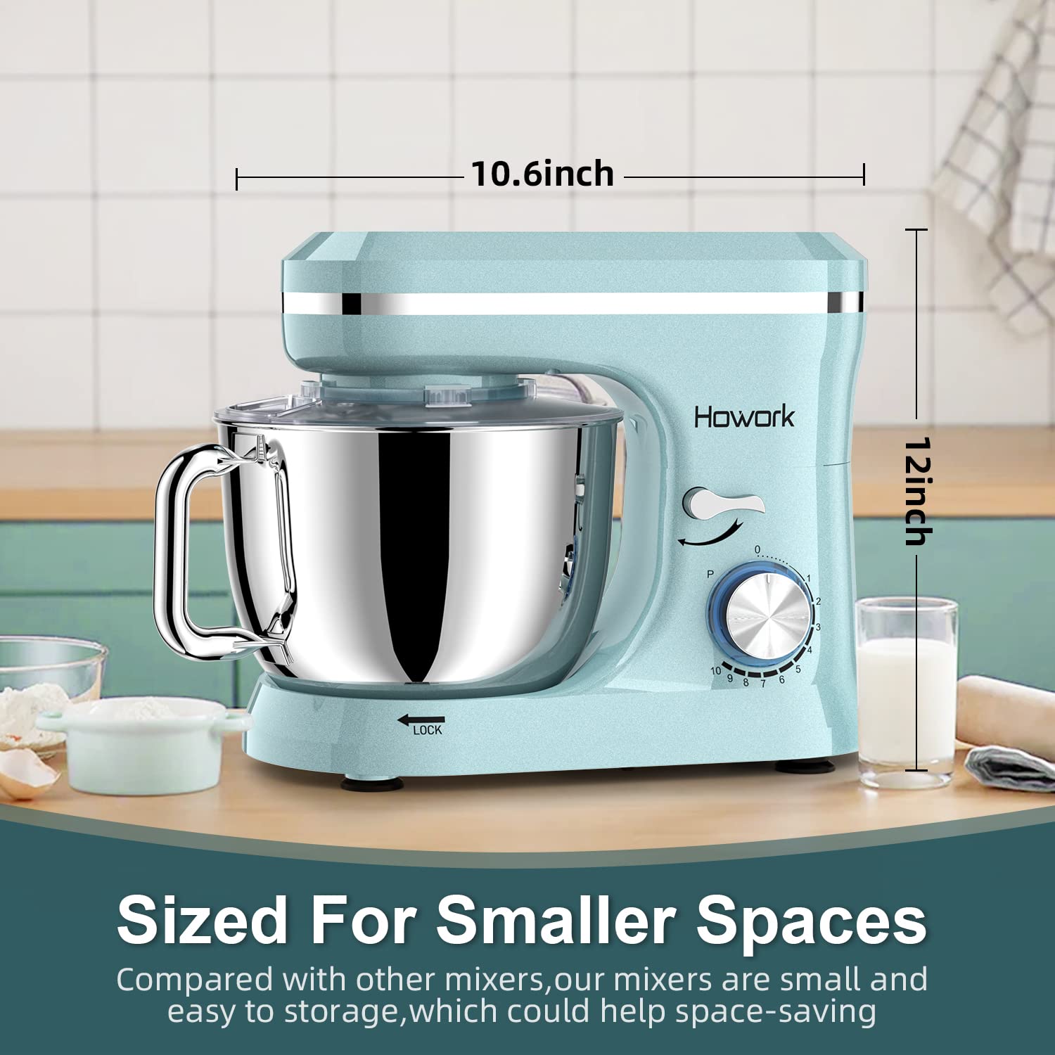 HOWORK 6.5QT Stand Mixer - 10+ Speed Electric Kitchen Mixer with Stainless Steel Bowl, Dough Hook, Wire Whip & Beater - Perfect for Baking, Cooking, Meal Prep & Home Kitchen Use (Blue)