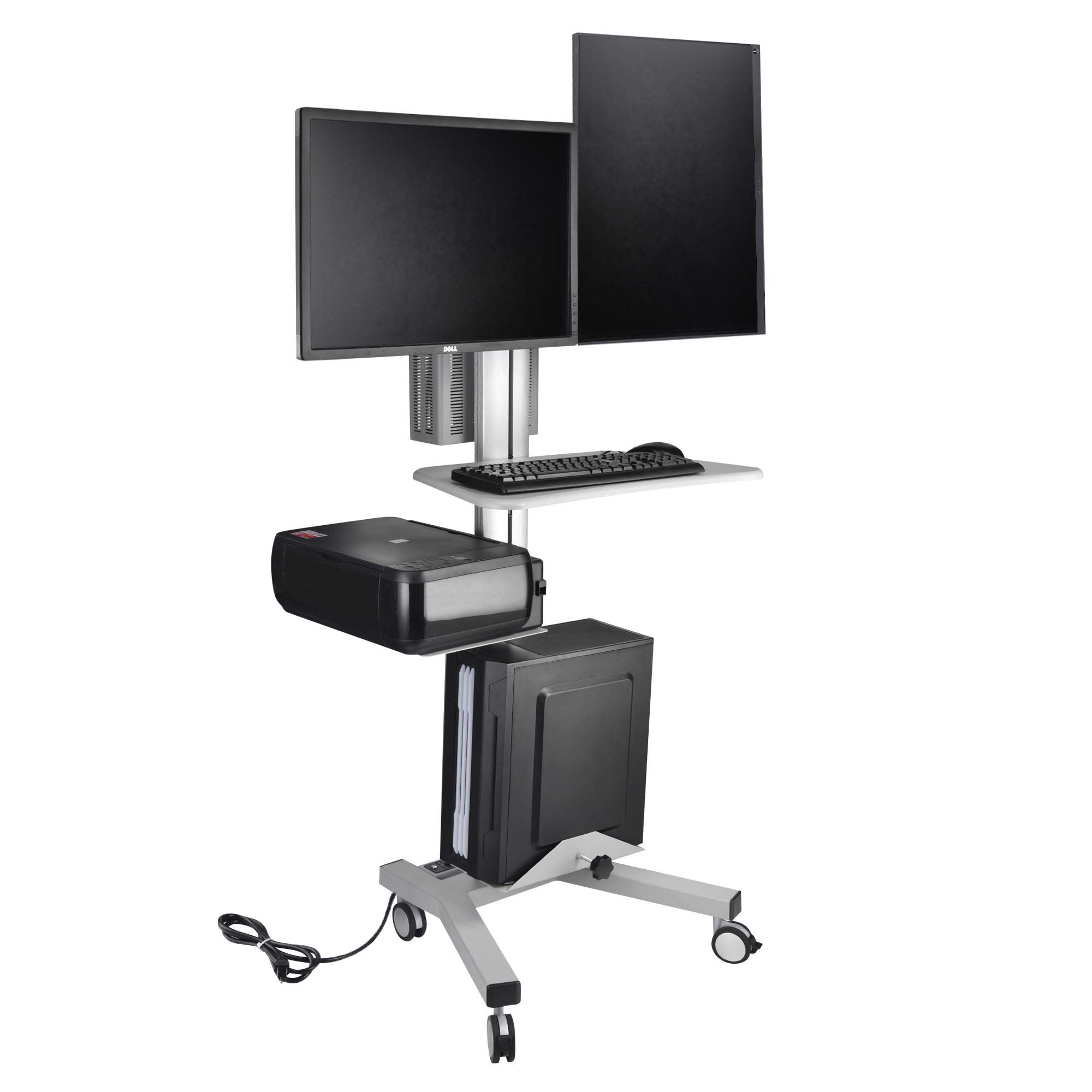 AW Mobile Computer Workstation Cart - Adjustable Dual Monitor Mount, Keyboard Tray & CPU Holder with Wheels | Portable Rolling PC Desk for Office, Home & Gaming Setup | Silver Standing Workstation Cart