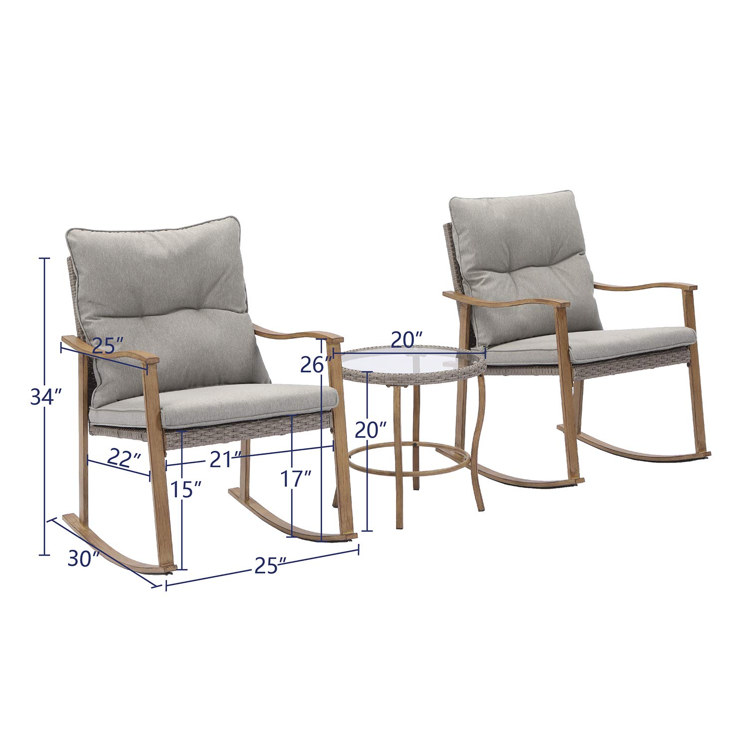 Modern SUNBURY 3-Piece Outdoor Rocking Bistro Set with Cushions & Glass Coffee Table - Woodgrain Wicker Patio Furniture for Sunroom, Porch or Garden - Perfect for Relaxing, Entertaining & Outdoor Conversations