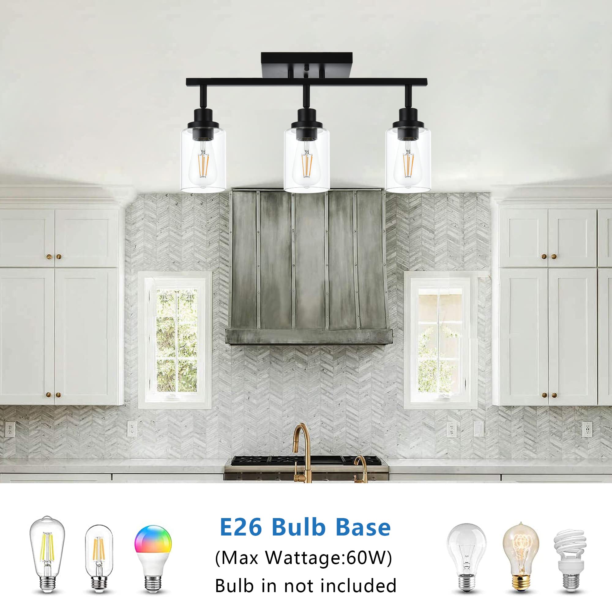 MELUCEE 3-Light Black Bathroom Vanity Lighting Fixture with Rotatable Track Heads & Clear Glass Shade - Modern Ceiling Light for Hallway, Porch, Foyer, Bathroom & Storage Areas