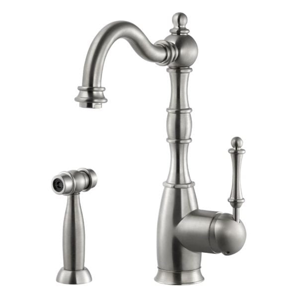 Hamat NOSP 4000 BN Brushed Nickel Single Lever Kitchen Faucet with Pull Down Sprayer - Traditional Brass Design for Modern Farmhouse & Cottage Style Kitchens
