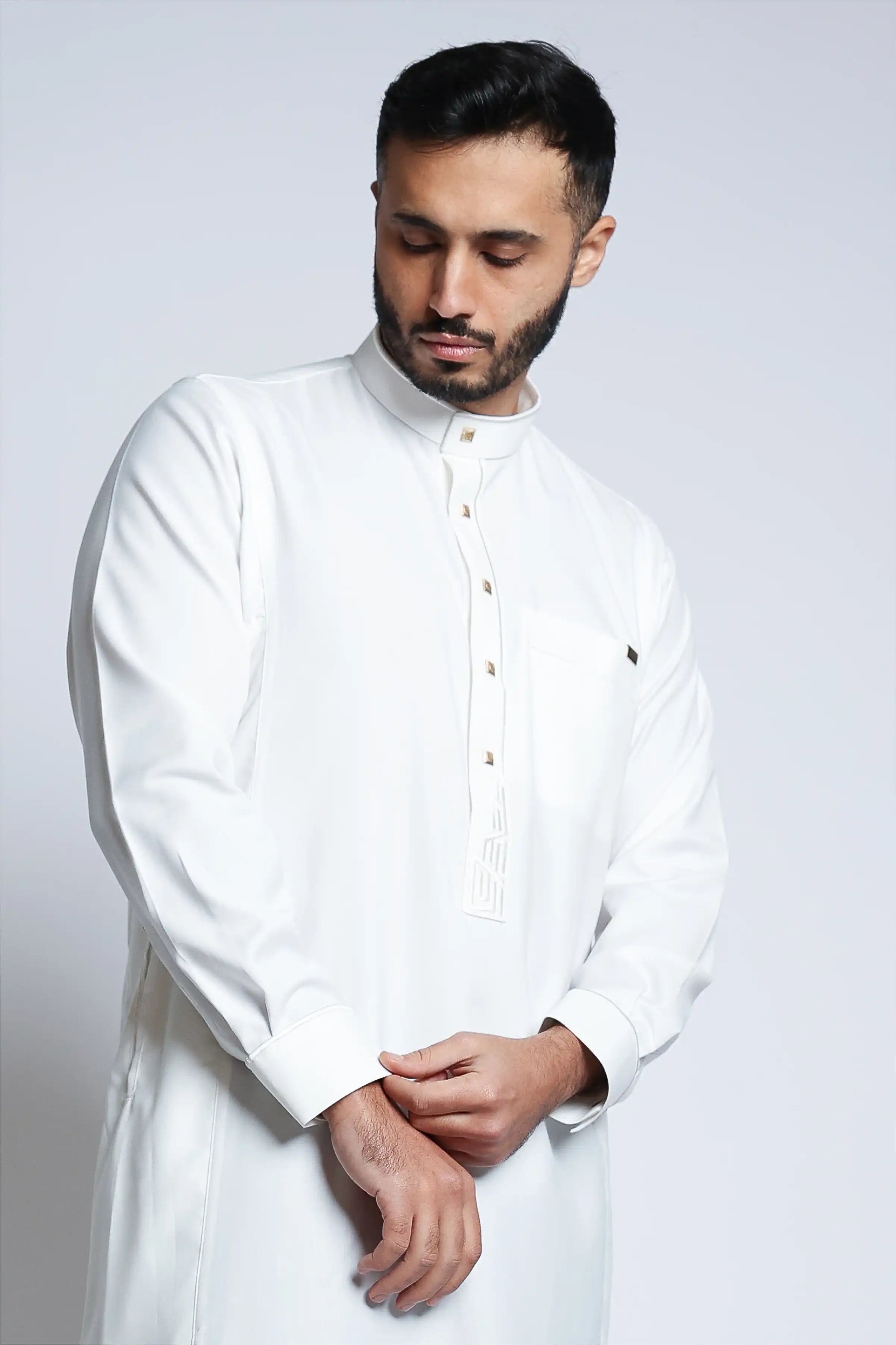 Premium J132 Cream Embroidered Thobe for Men - Traditional Islamic Robe for Eid, Ramadan & Special Occasions